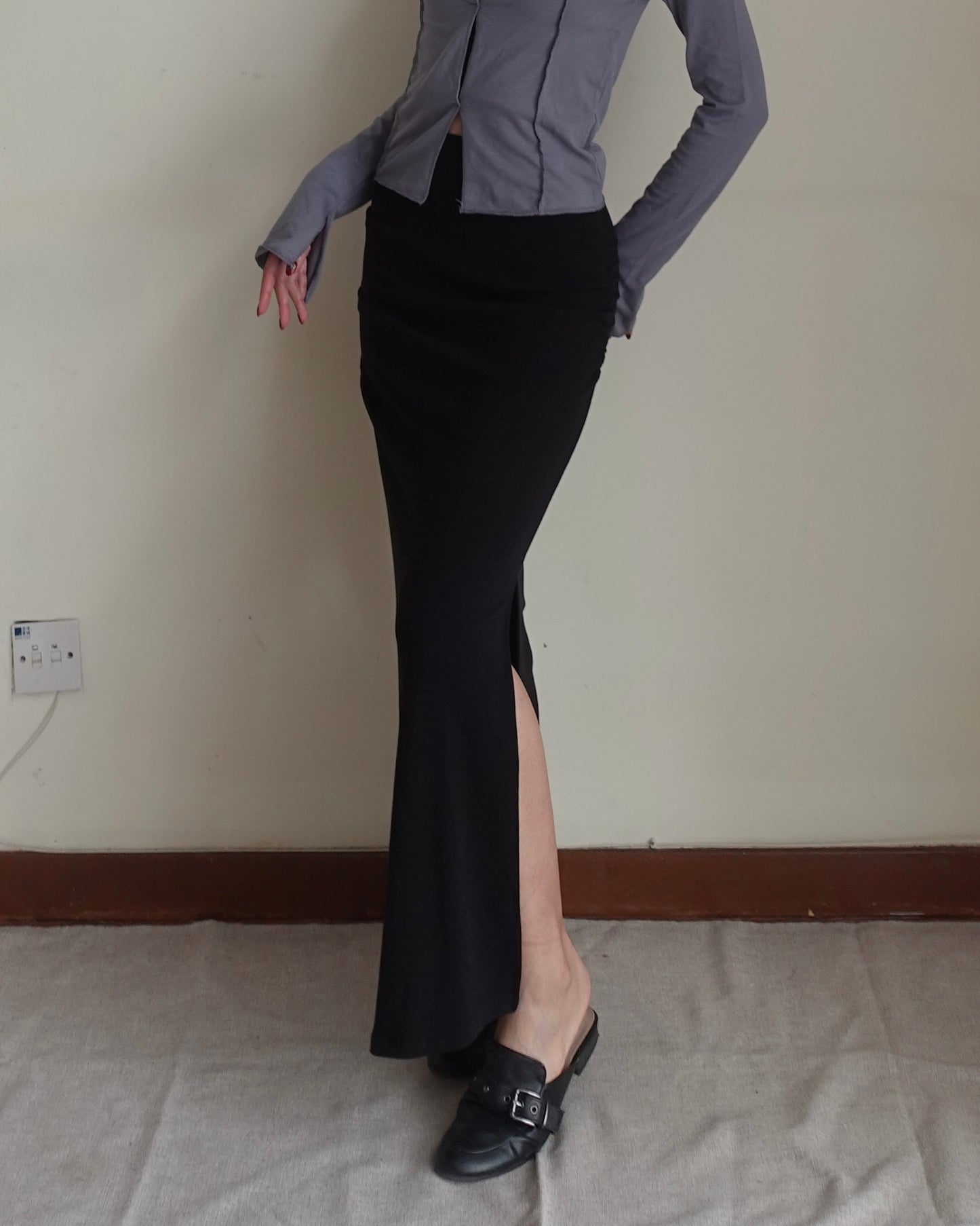 Double side split fishtail ruched cotton maxi skirt