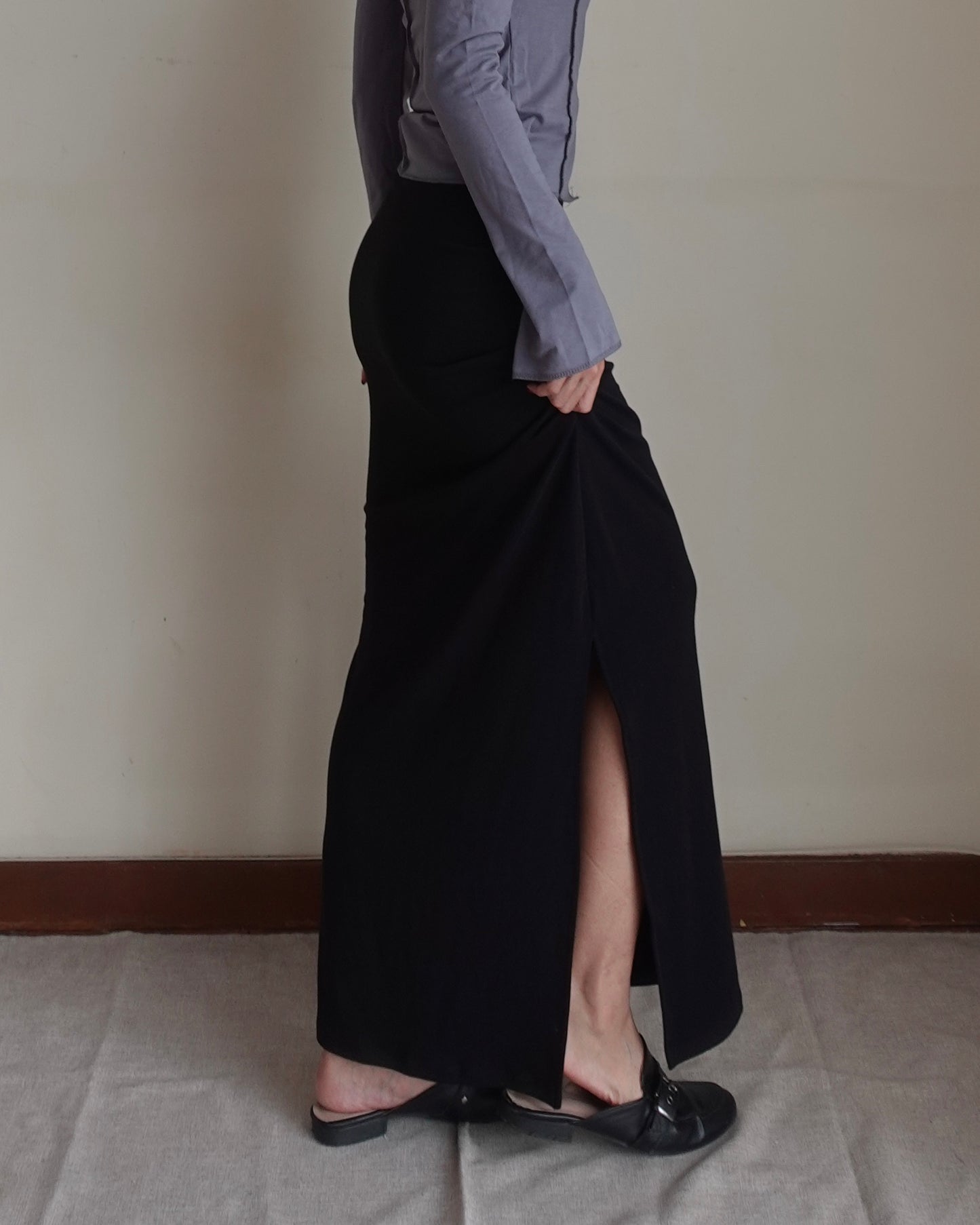 Double side split fishtail ruched cotton maxi skirt