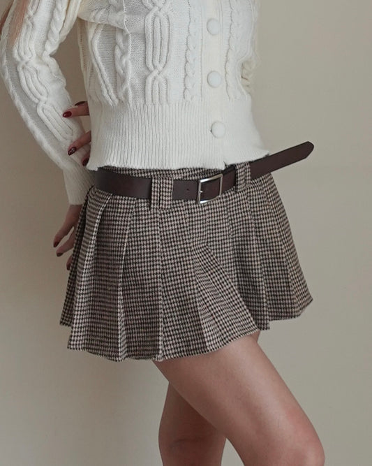 Houndstooth pleated mini skirt with belt
