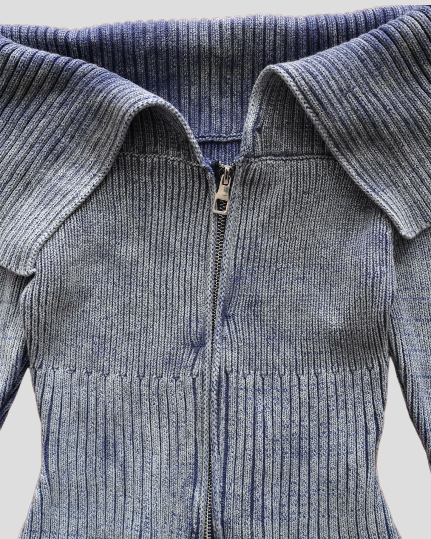 Washed zip up off shoulder knit top