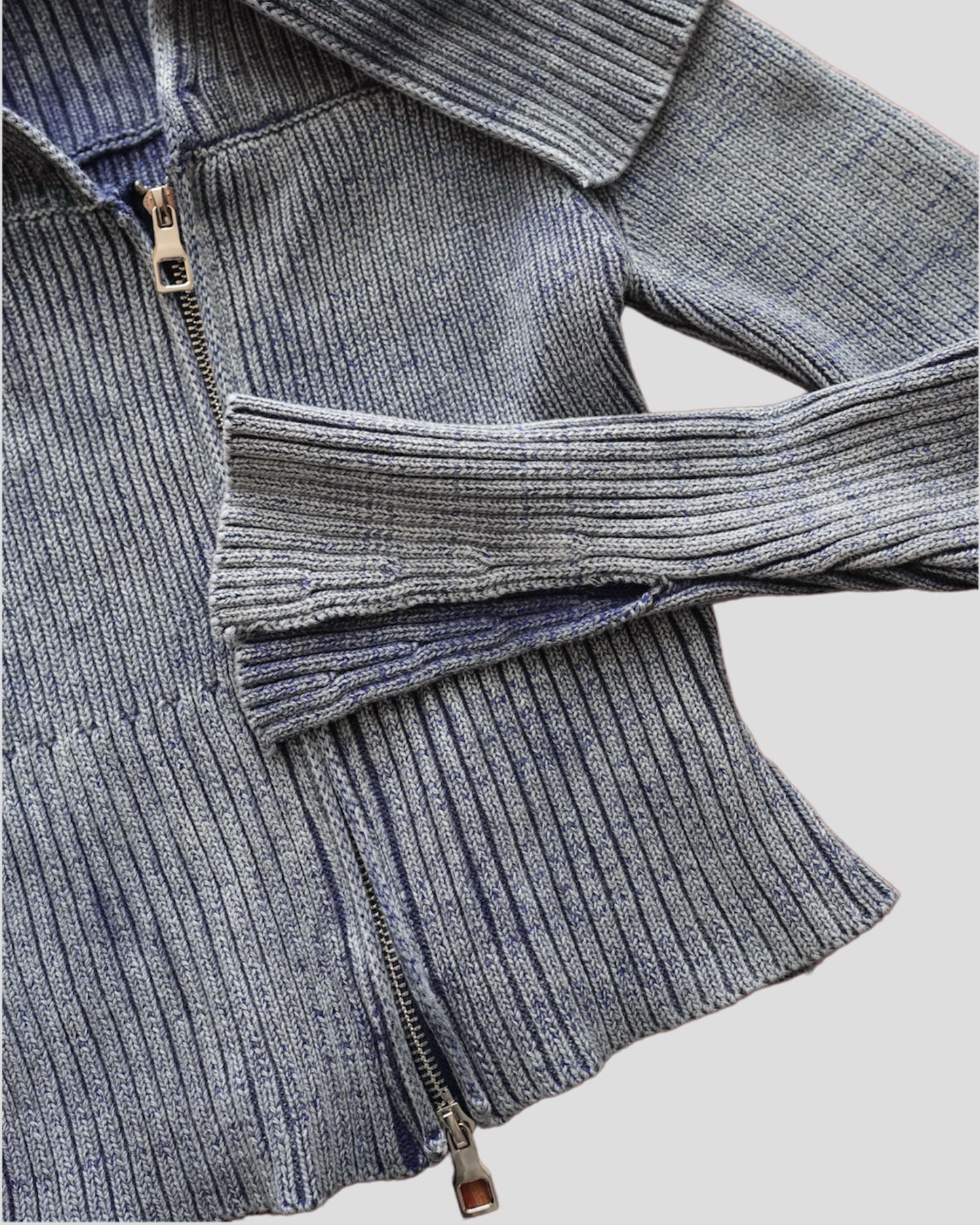 Washed zip up off shoulder knit top