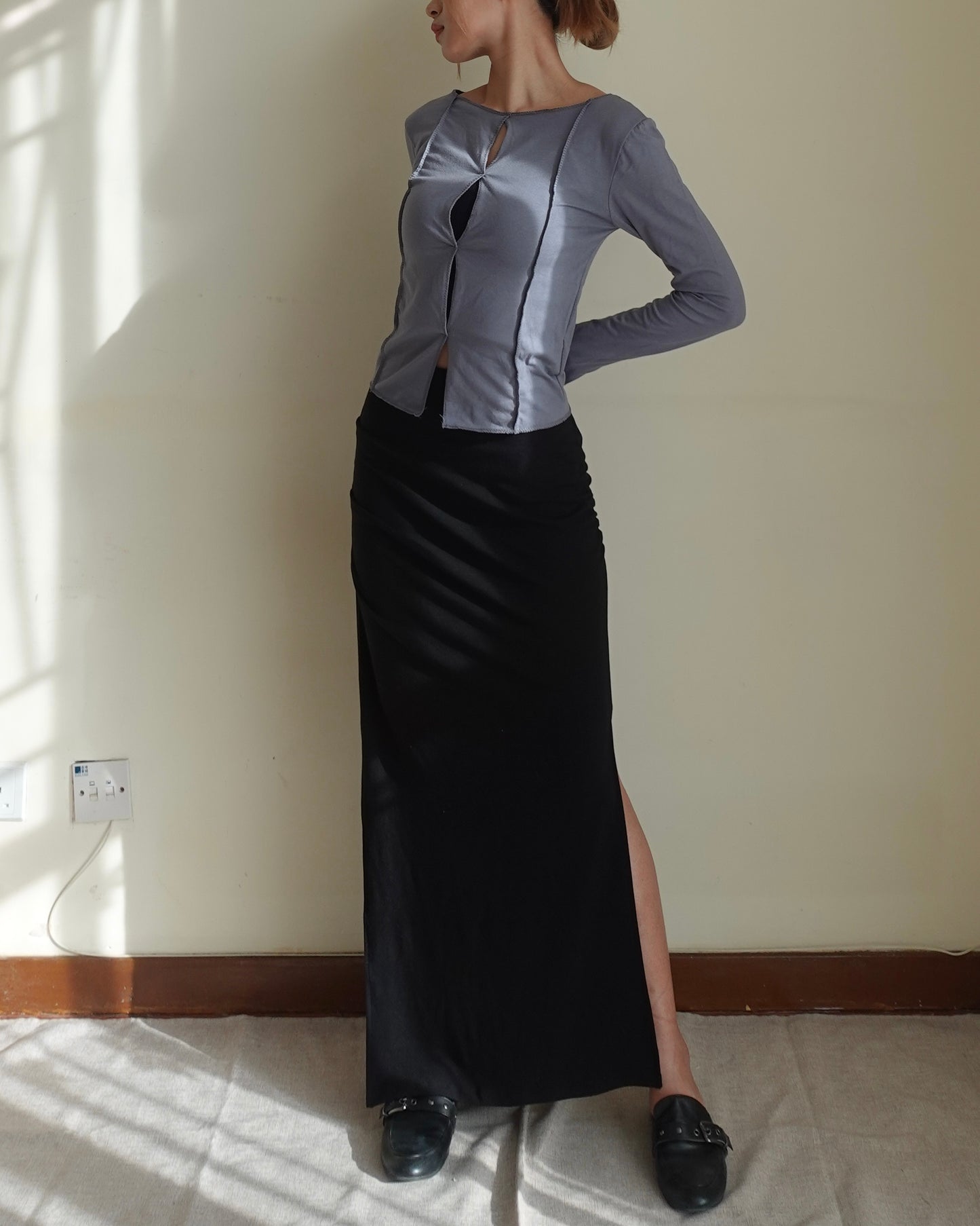 Double side split fishtail ruched cotton maxi skirt