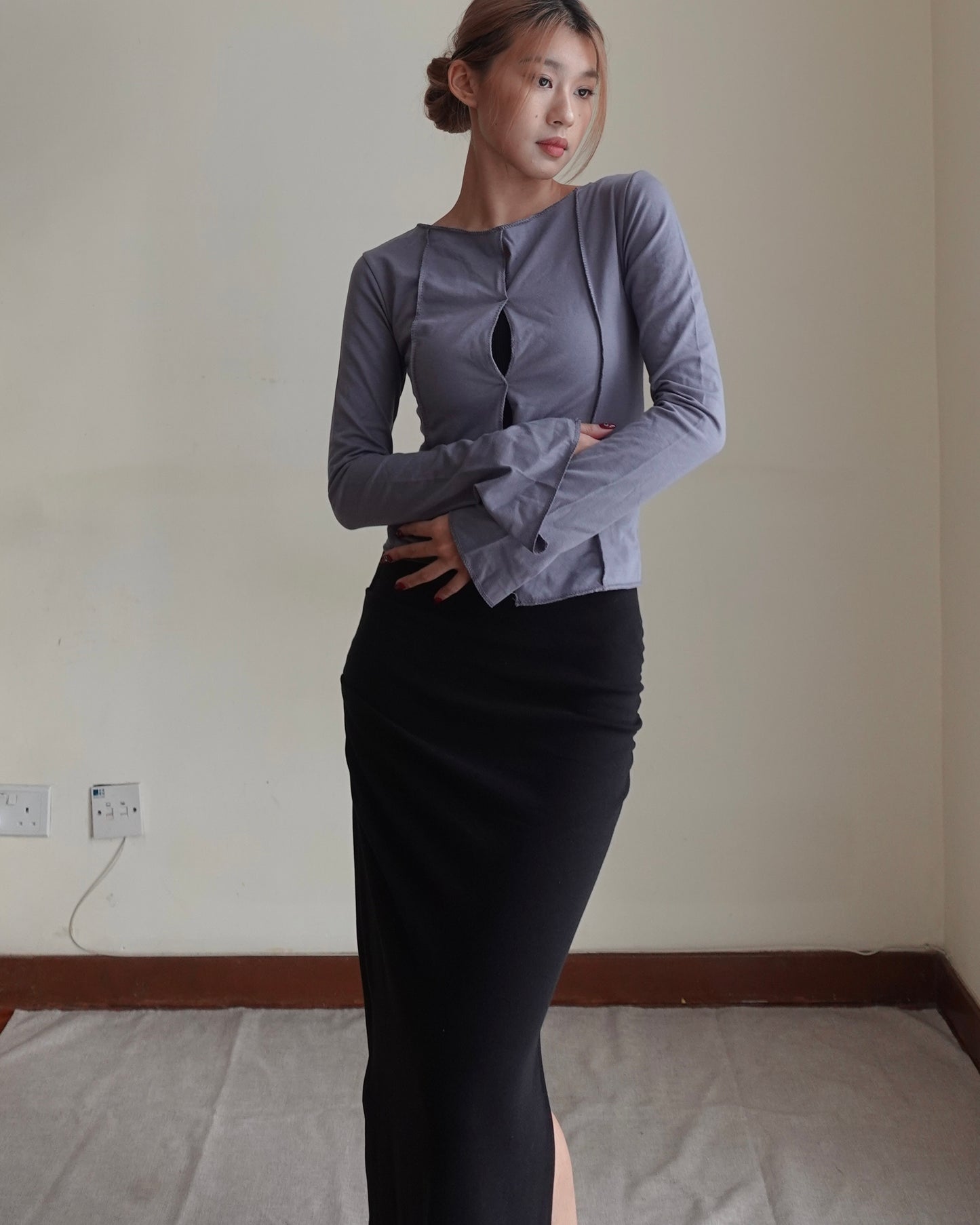 Double side split fishtail ruched cotton maxi skirt