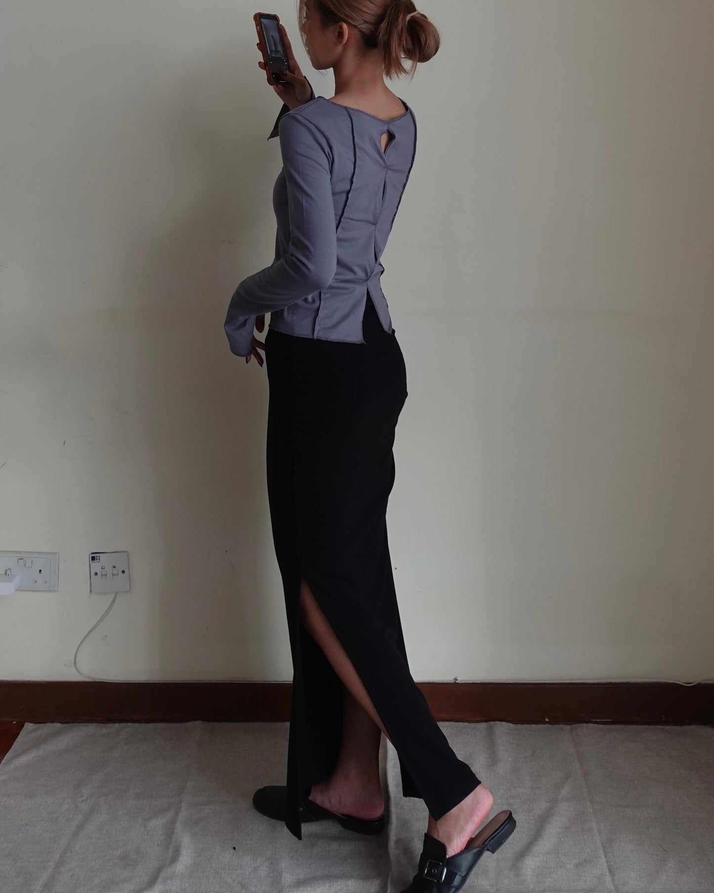 Double side split fishtail ruched cotton maxi skirt