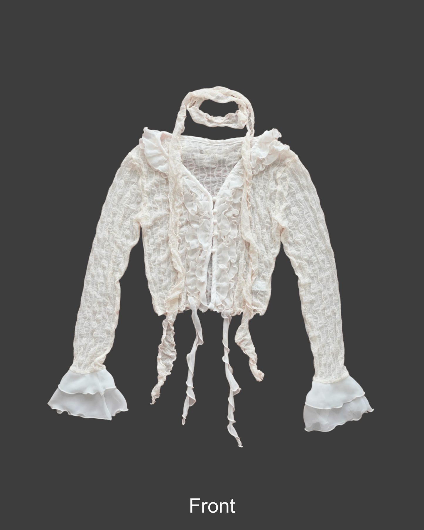 See through ruffle edged cardigan with scarf
