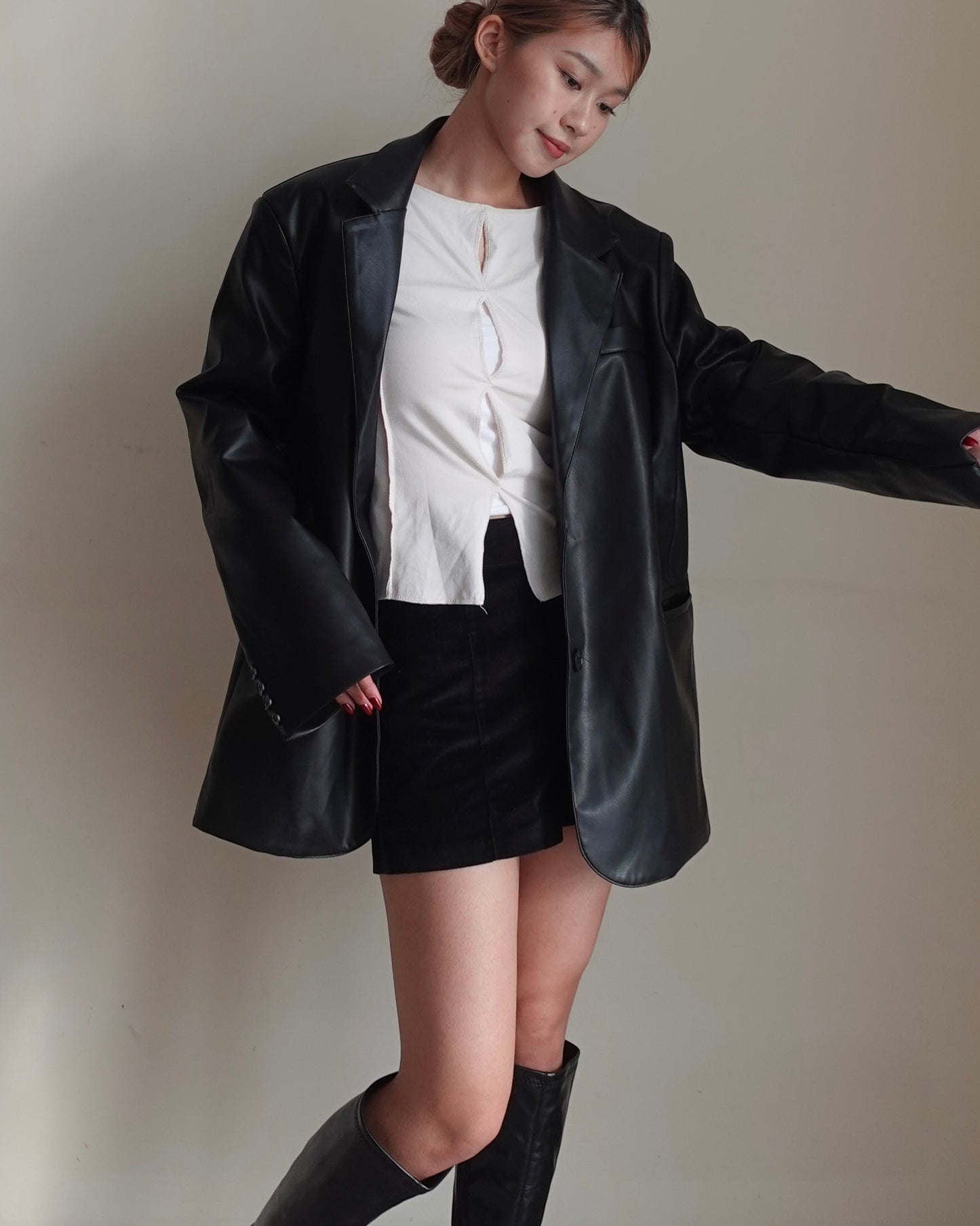 Thicken faux leather oversize blazer