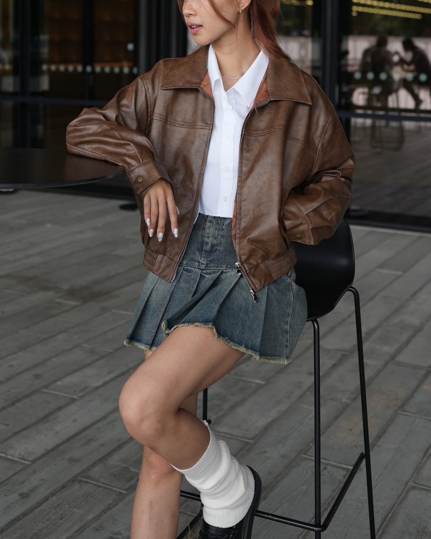 Washed faux leather bomber jacket