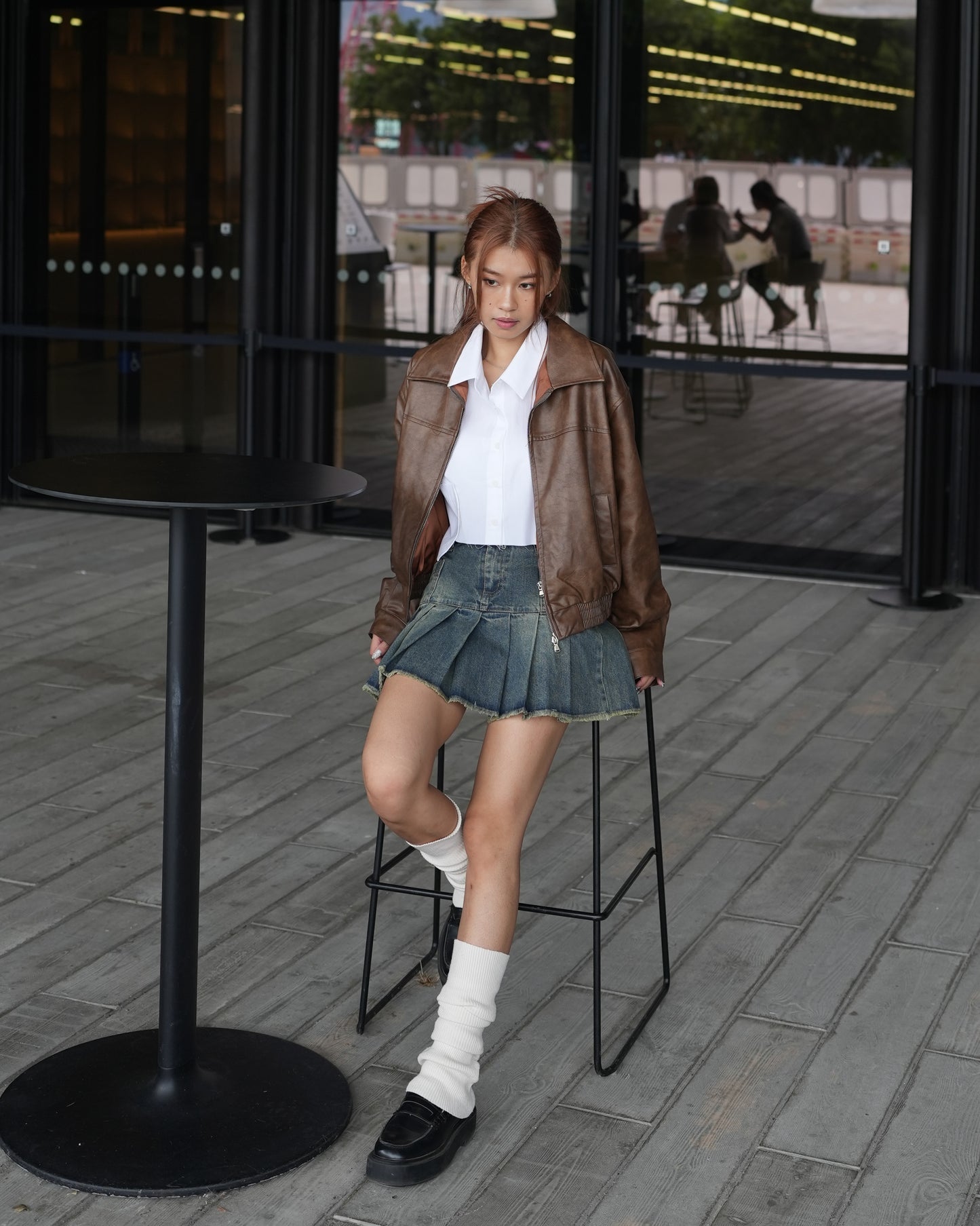 Old washed denim pleated skirt