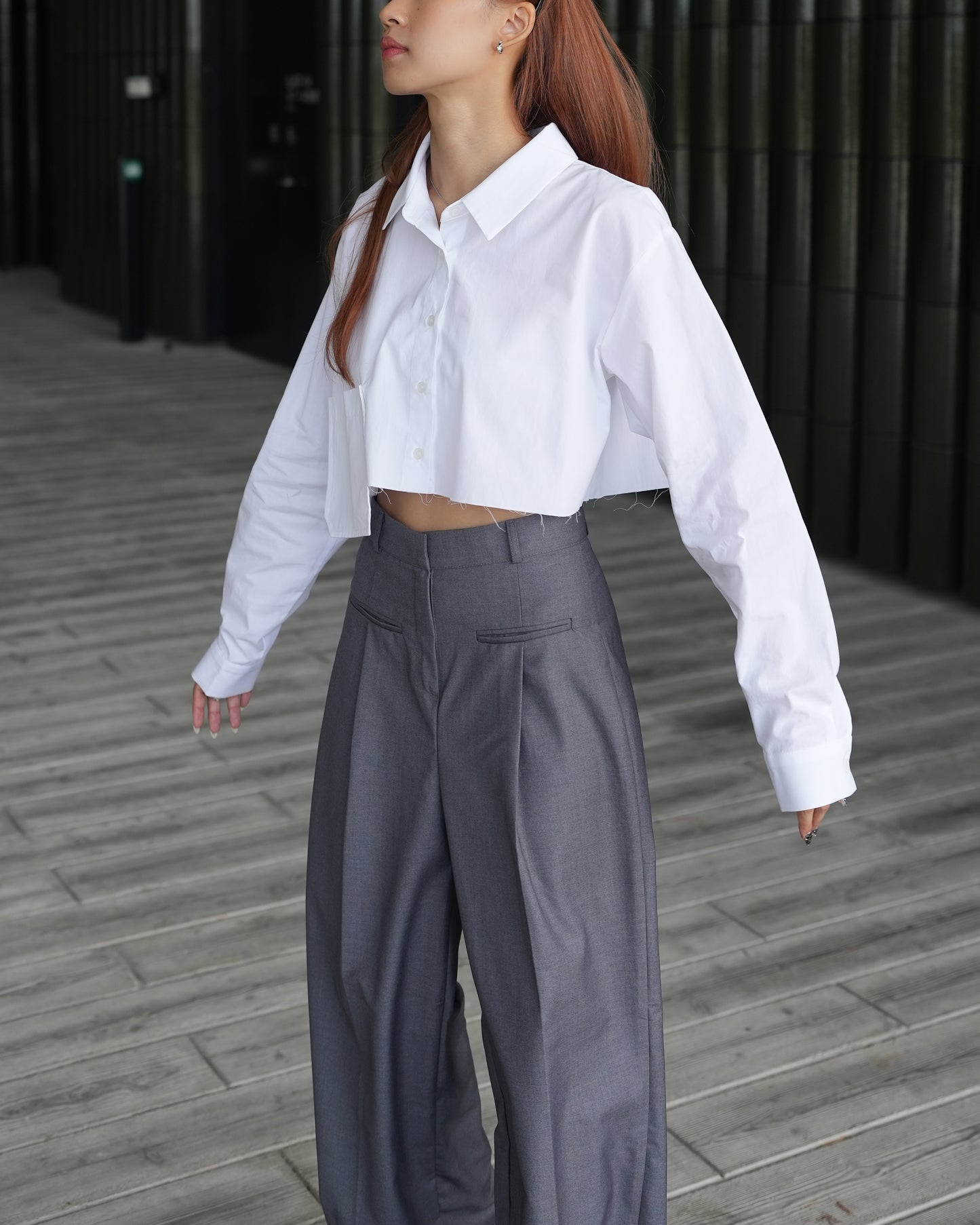 Front fake pocket detail wide-leg suit trousers