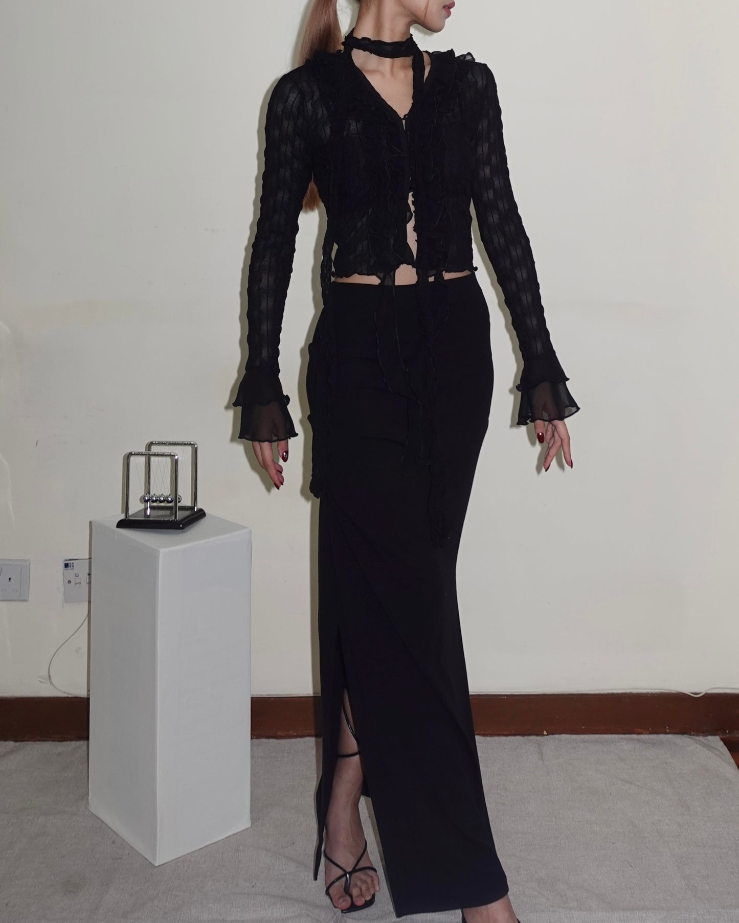 Double side split fishtail ruched cotton maxi skirt