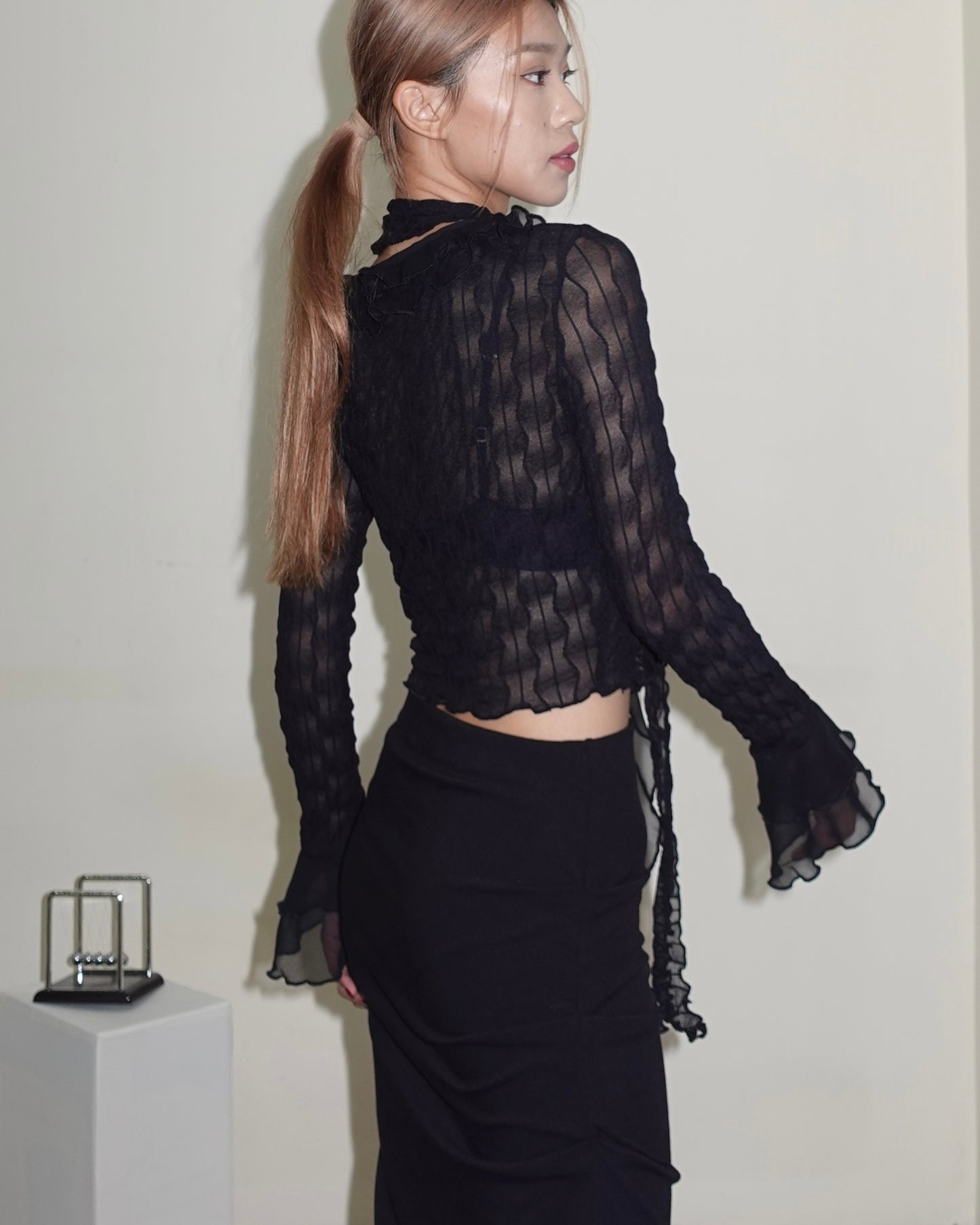 See through ruffle edged cardigan with scarf