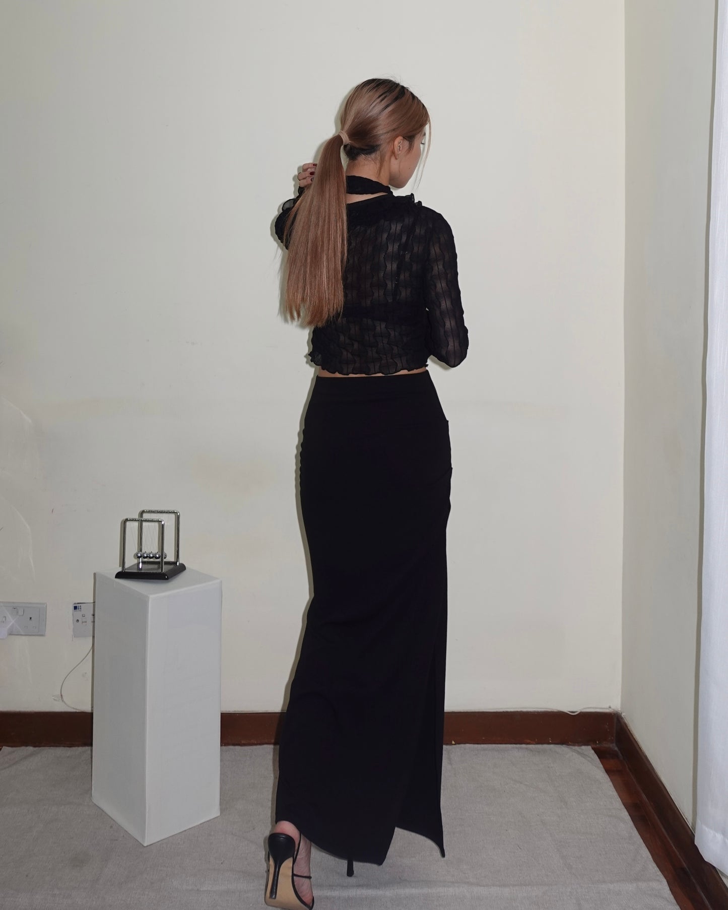 Double side split fishtail ruched cotton maxi skirt