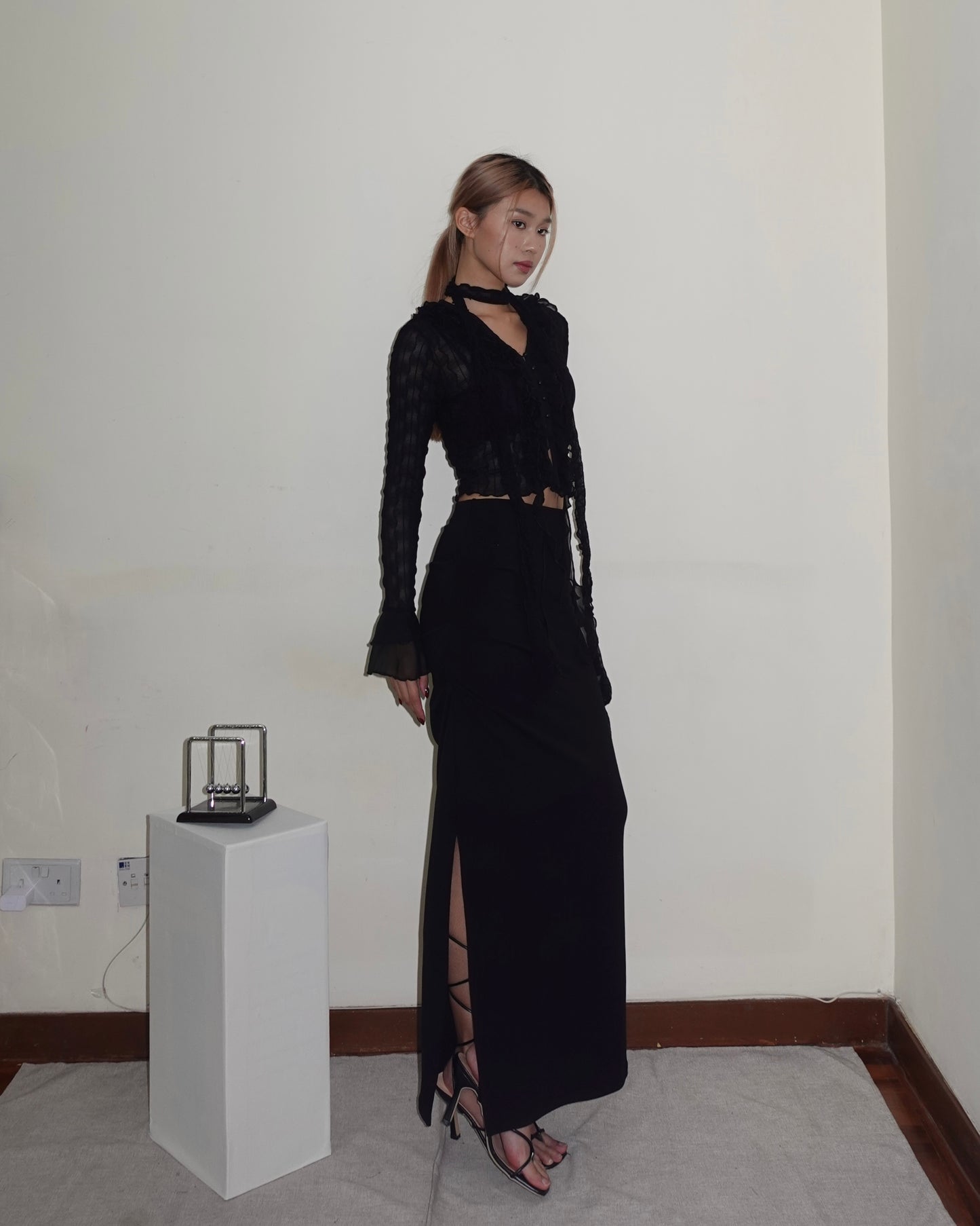 Double side split fishtail ruched cotton maxi skirt