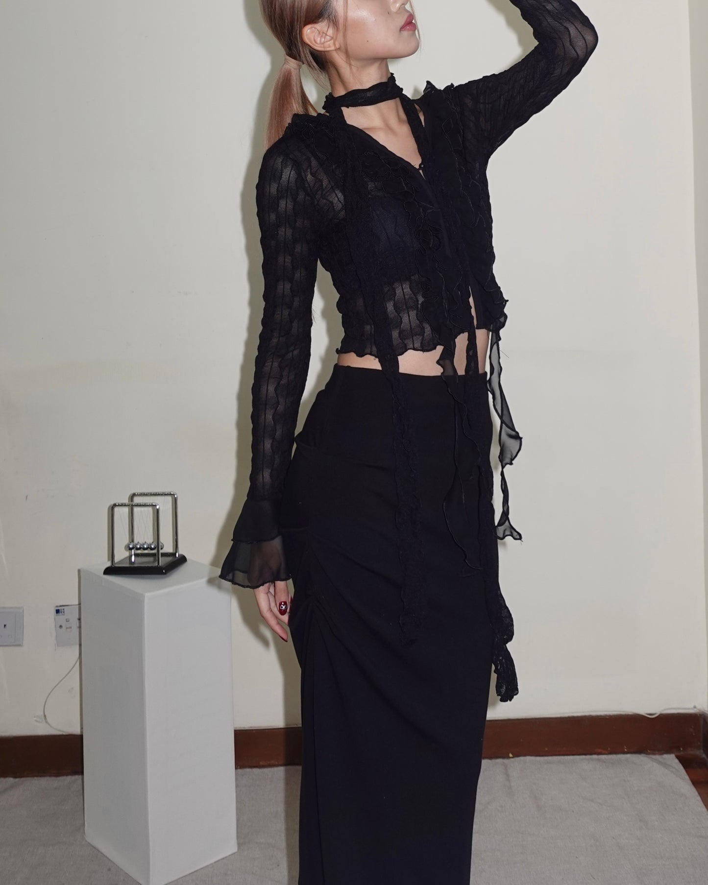 Double side split fishtail ruched cotton maxi skirt