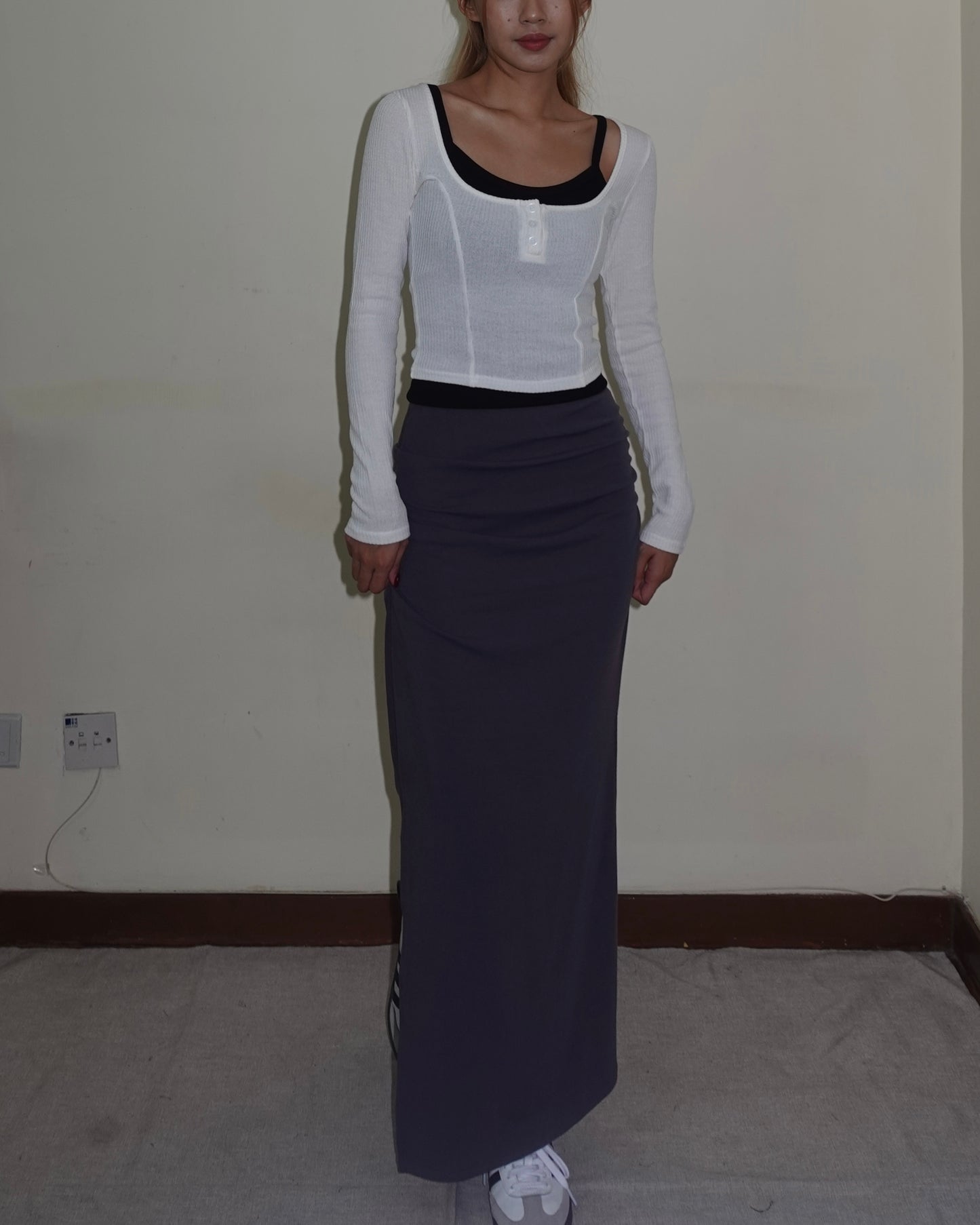 Double side split fishtail ruched cotton maxi skirt