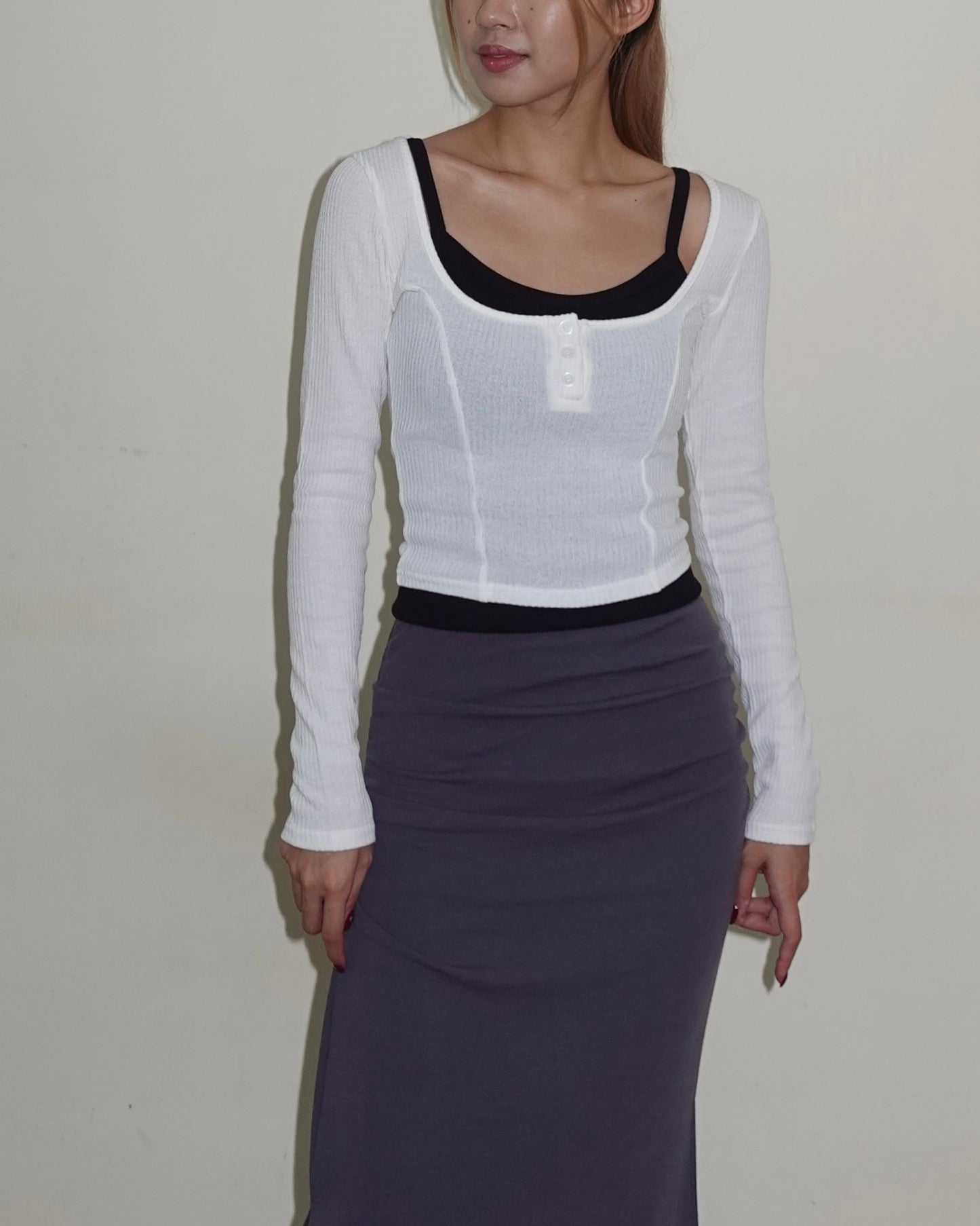 Square neck crop top with button detail