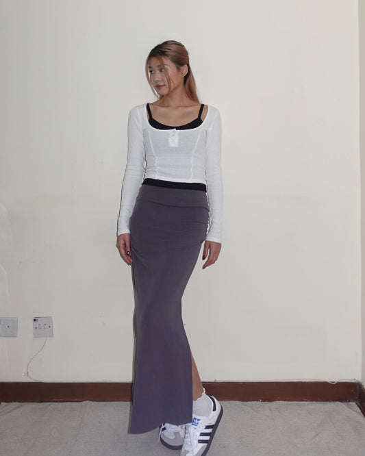 Double side split fishtail ruched cotton maxi skirt