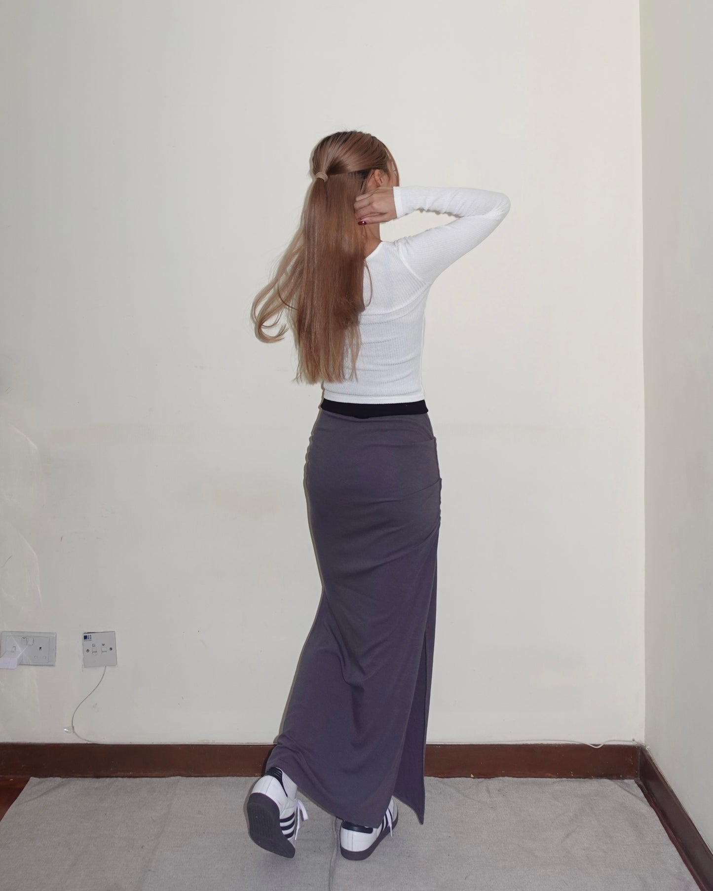 Double side split fishtail ruched cotton maxi skirt