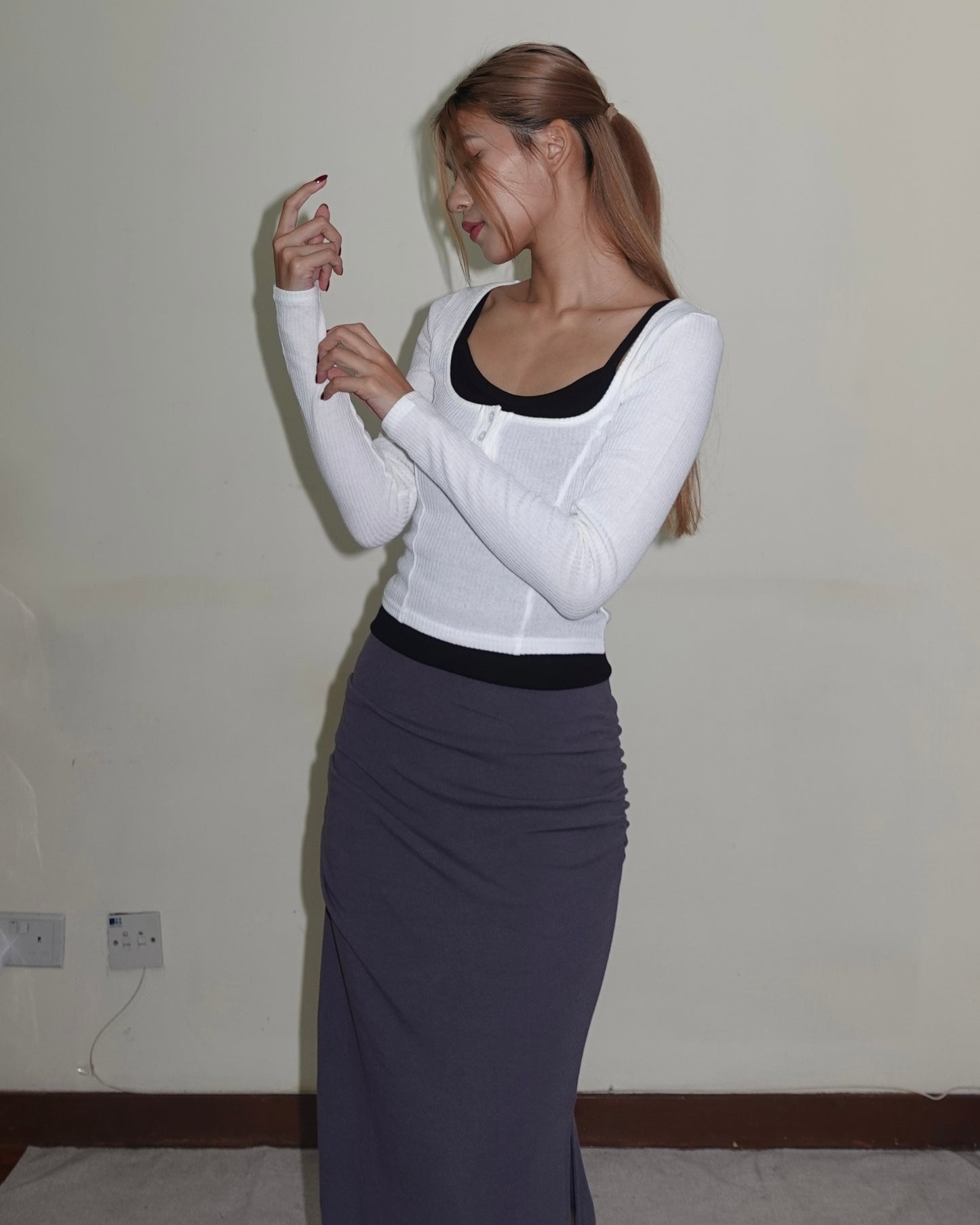 Double side split fishtail ruched cotton maxi skirt