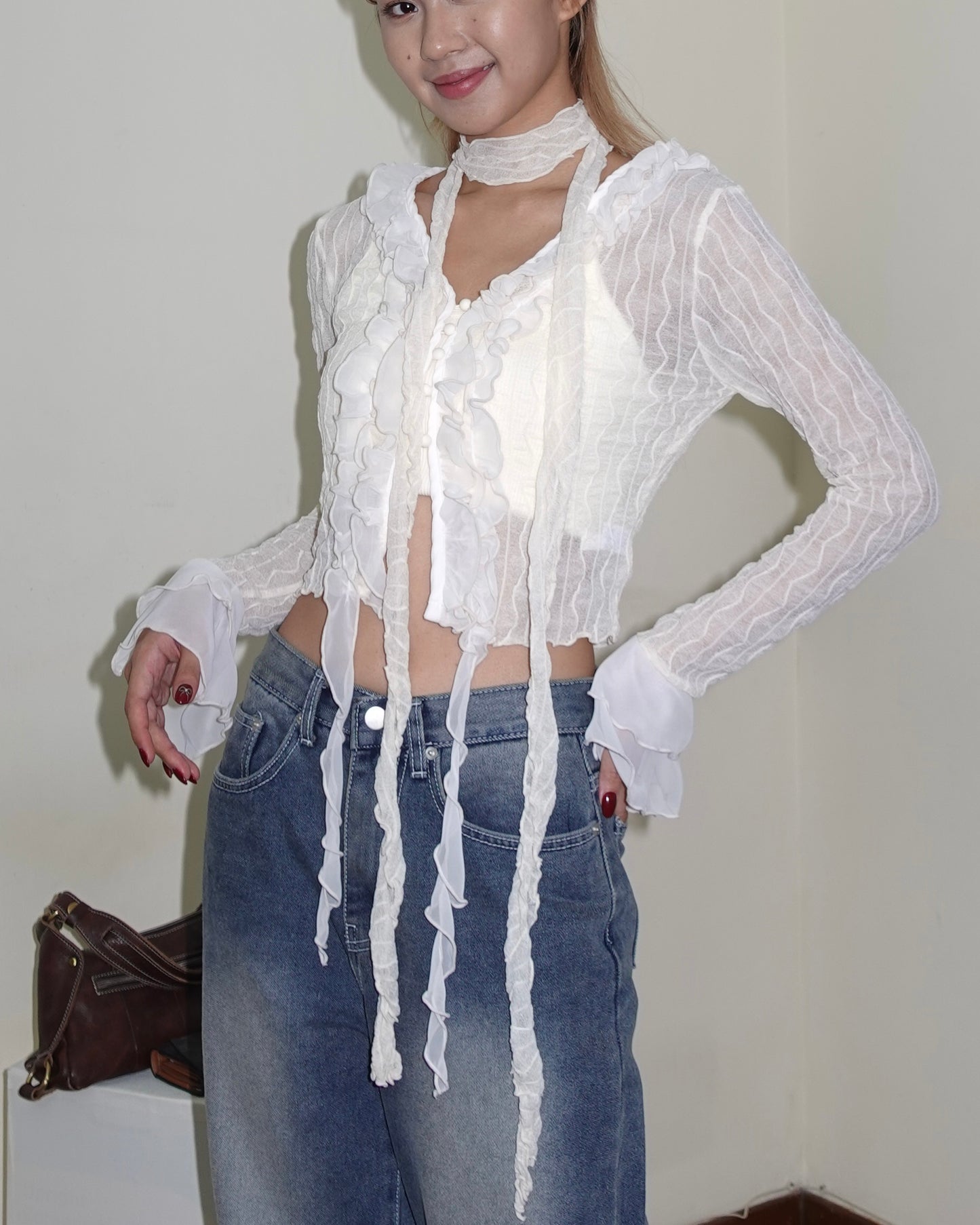 See through ruffle edged cardigan with scarf