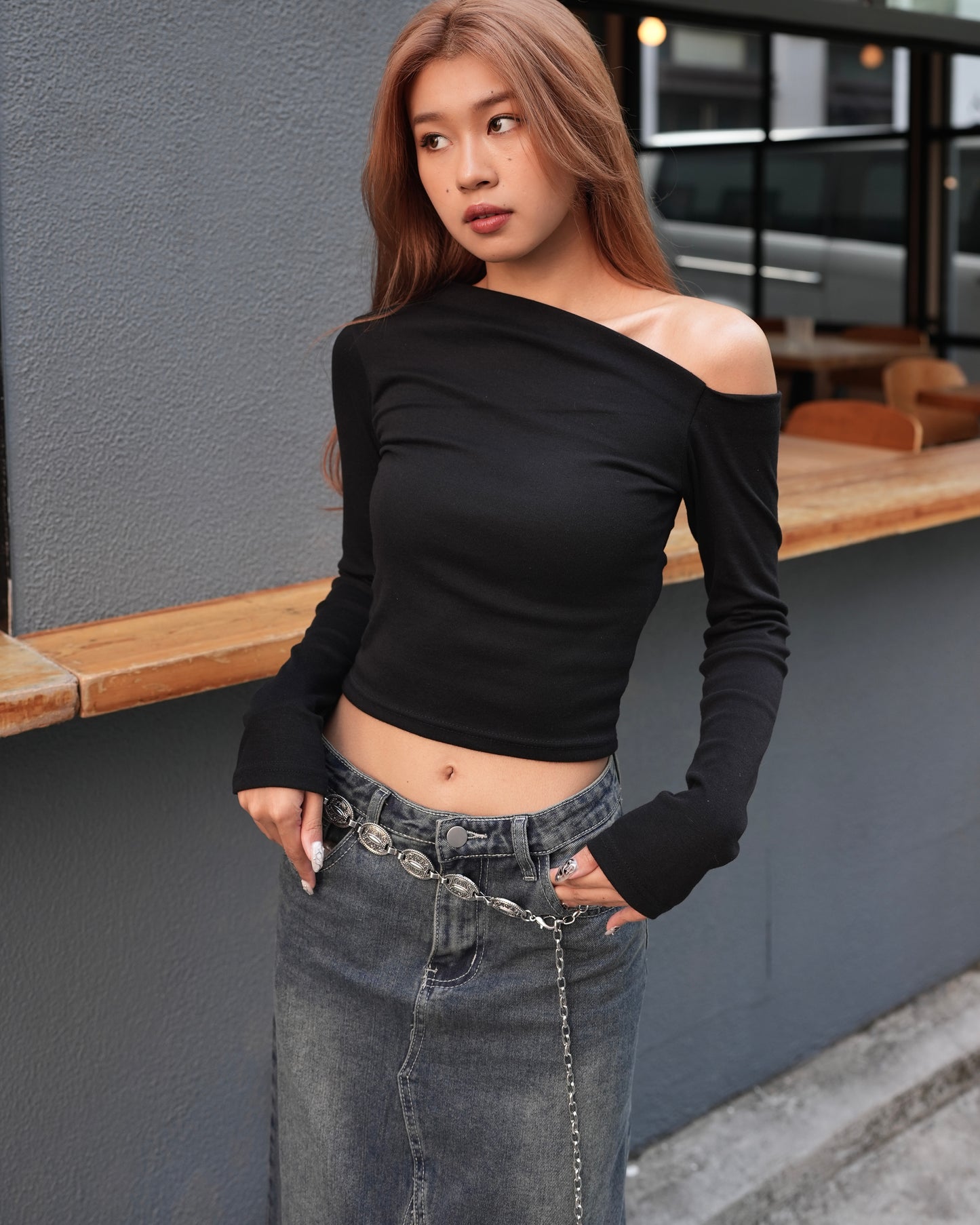 One shoulder long sleeves top