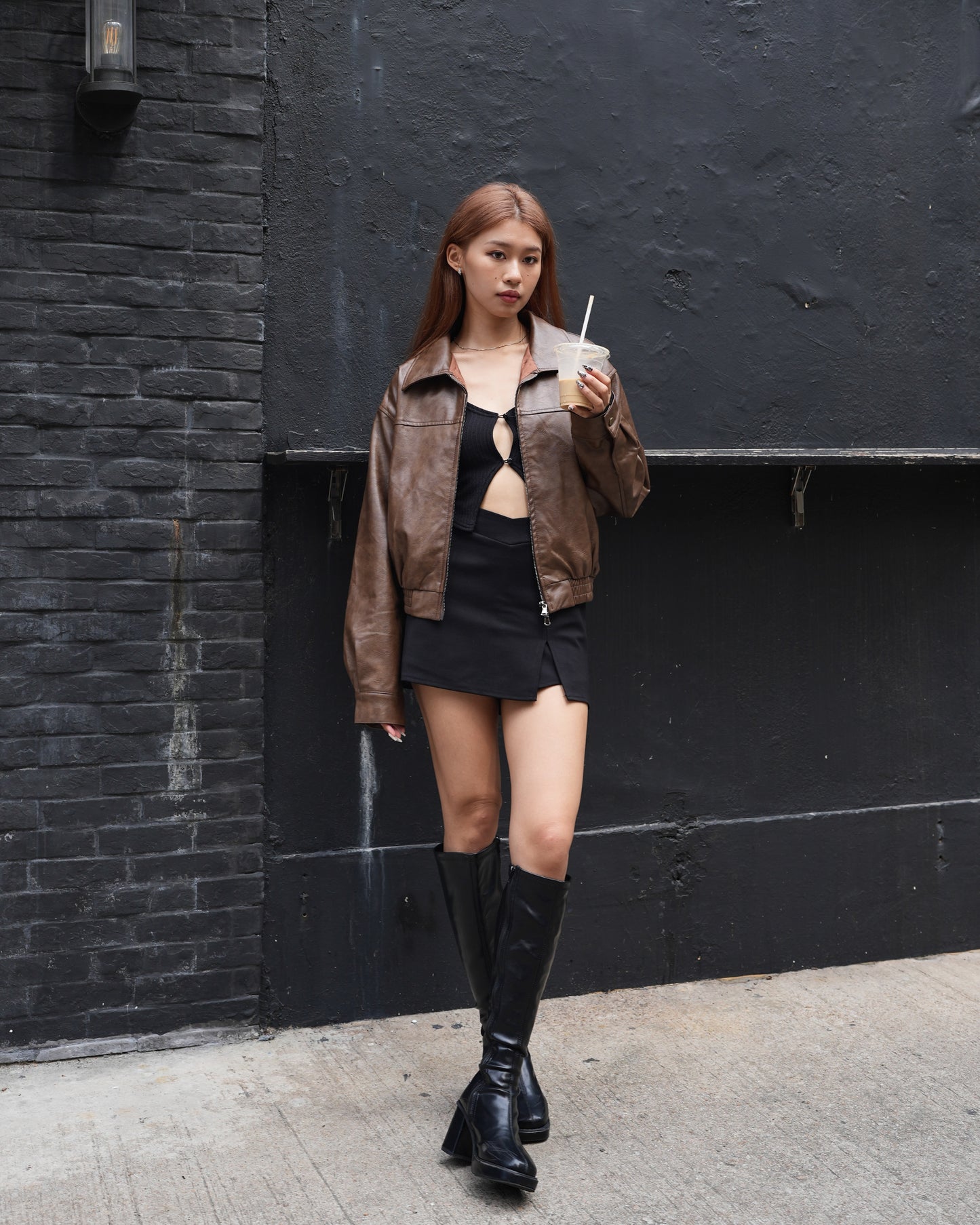 Washed faux leather bomber jacket