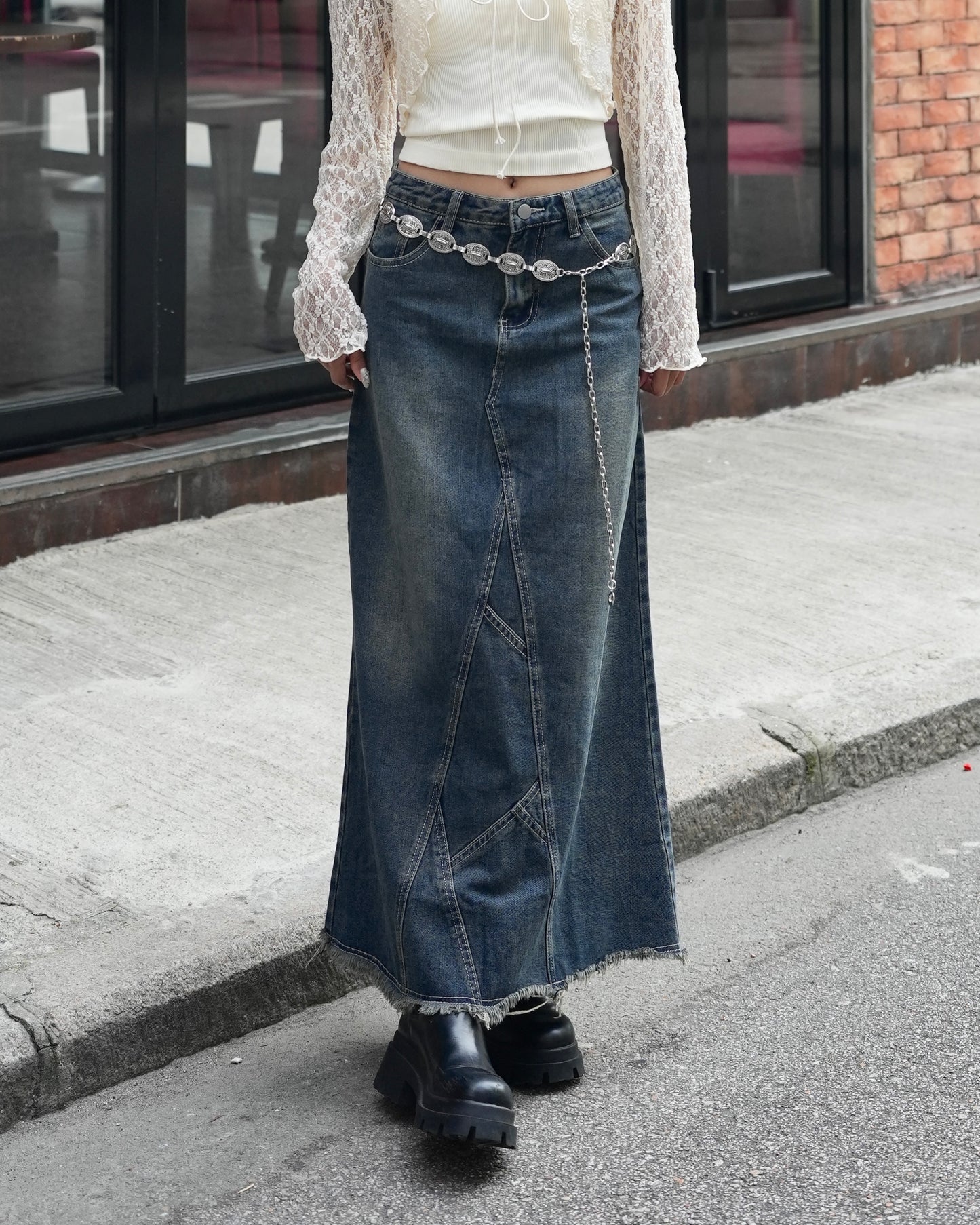 Vintage Washed Maxi Denim Skirt