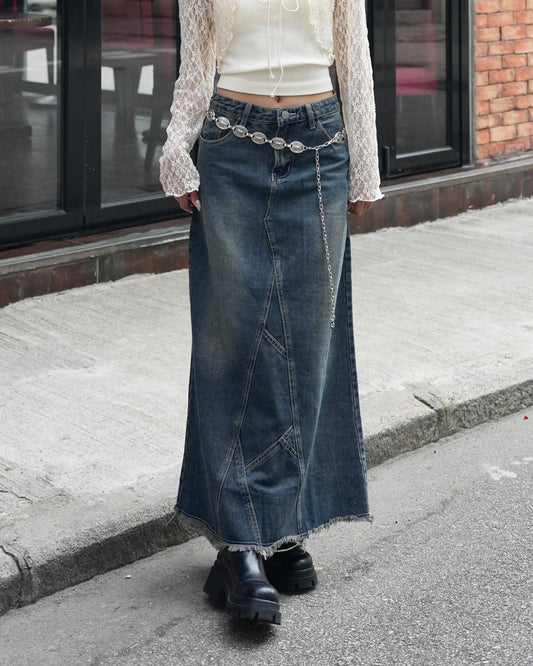 Vintage Washed Maxi Denim Skirt