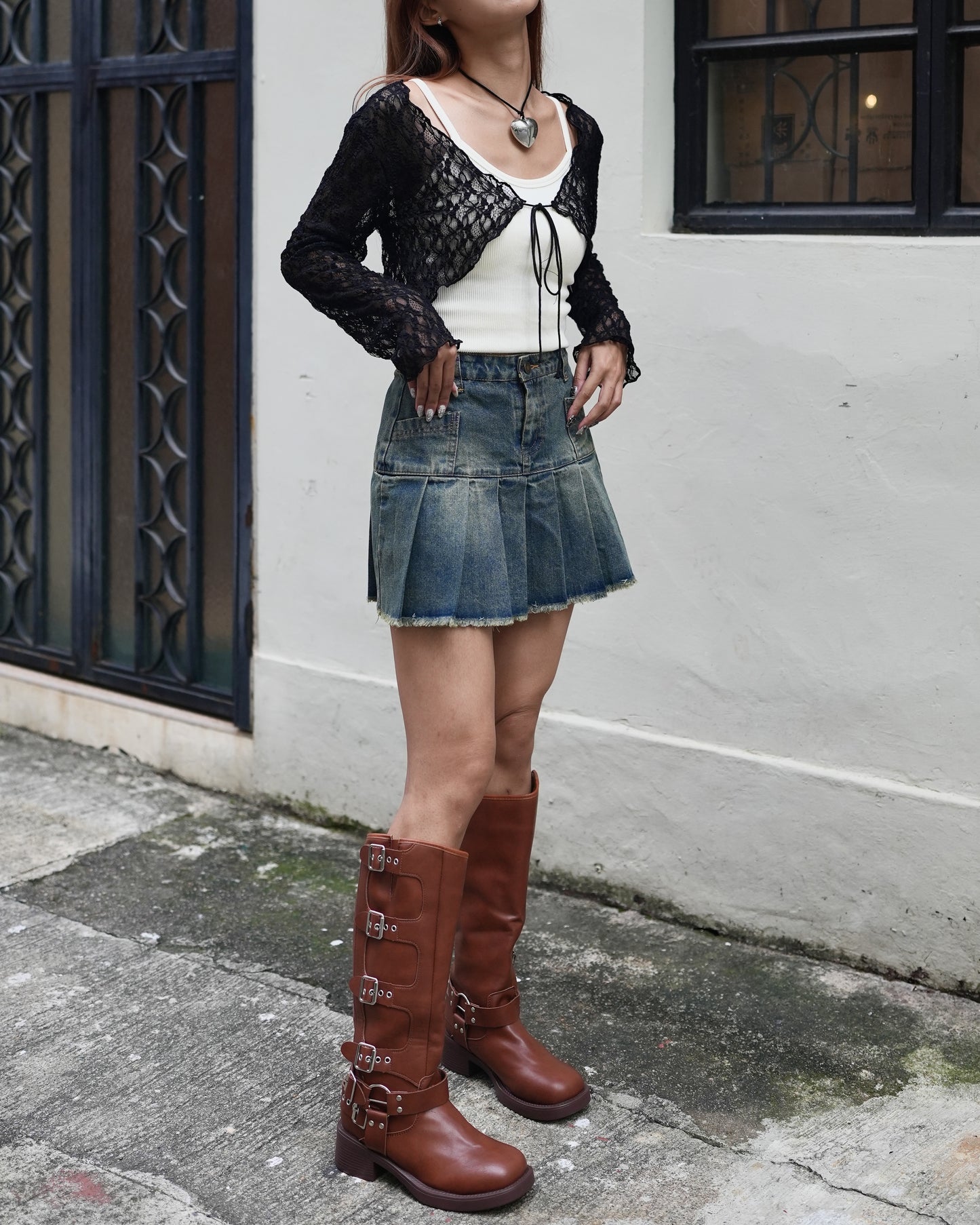 Old washed denim pleated skirt