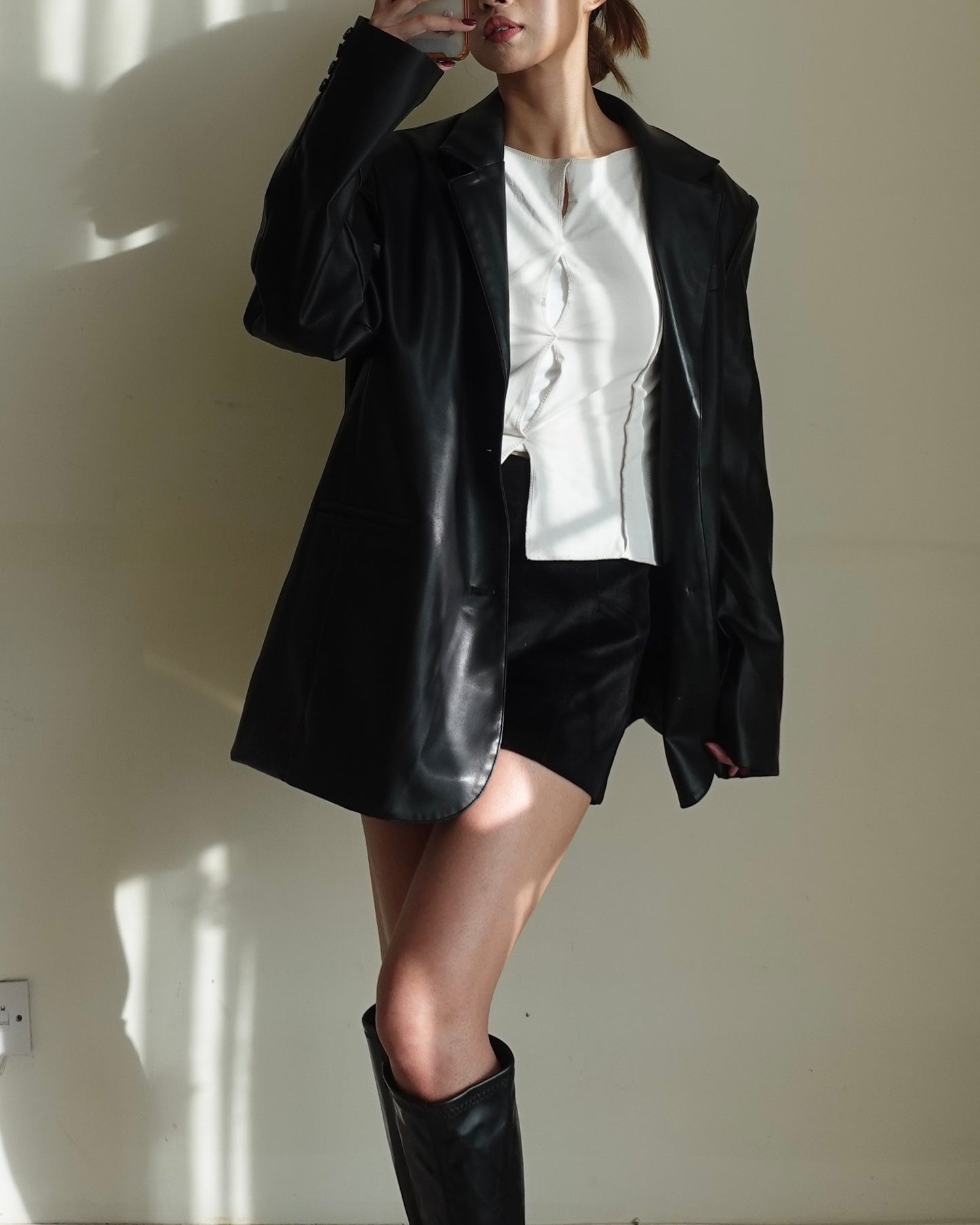 Thicken faux leather oversize blazer