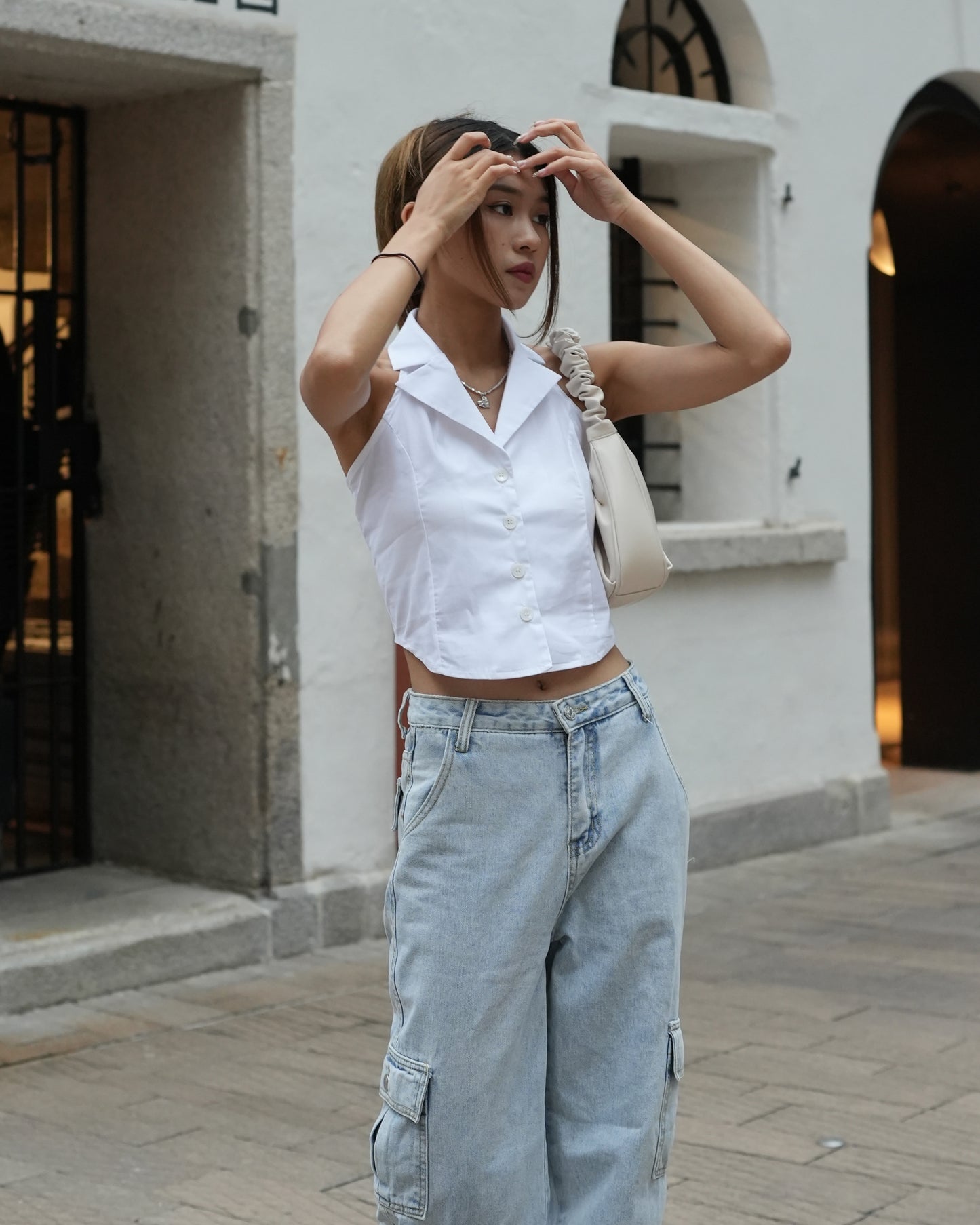 Button front sleeveless Halter shirt