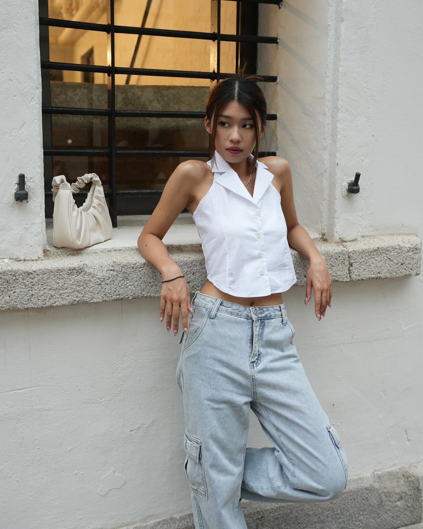 Button front sleeveless Halter shirt