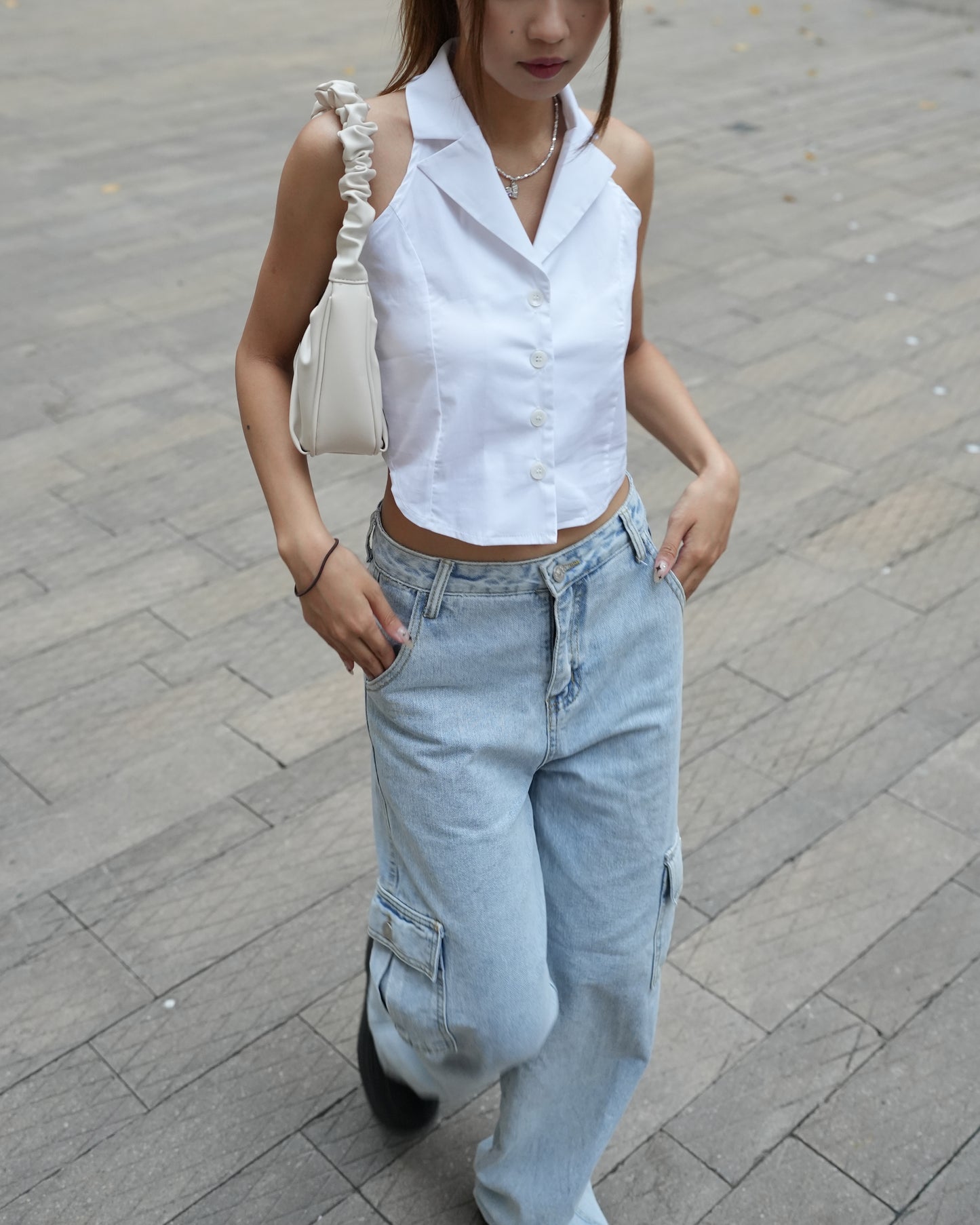 Button front sleeveless Halter shirt