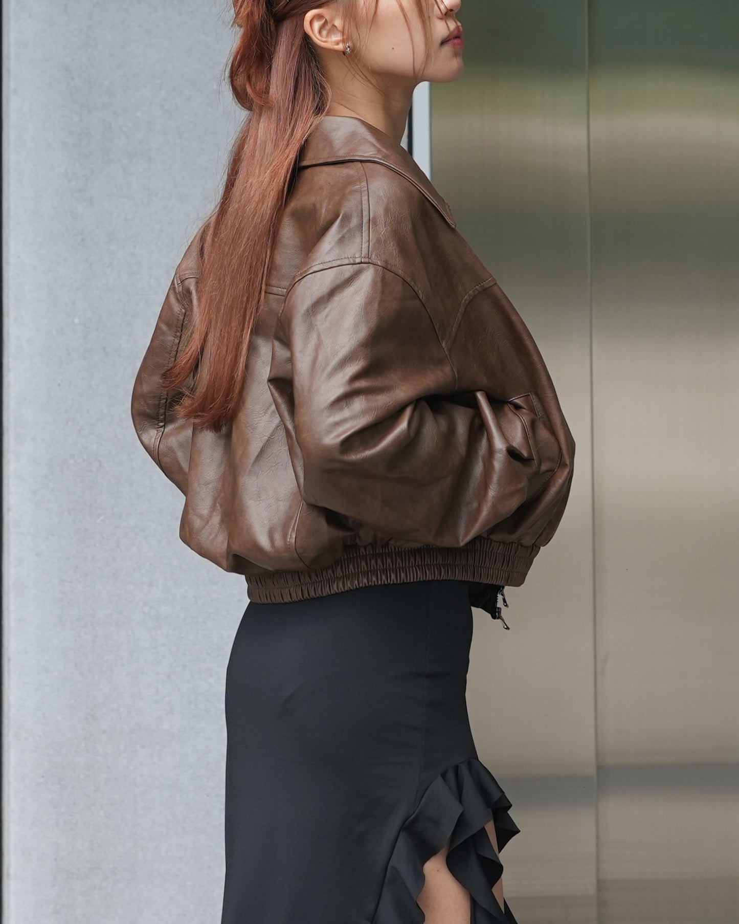 Washed faux leather bomber jacket