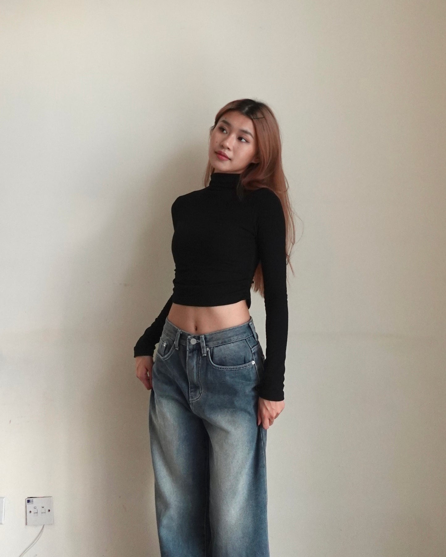 Basic turtle neck smooth cotton padded crop top