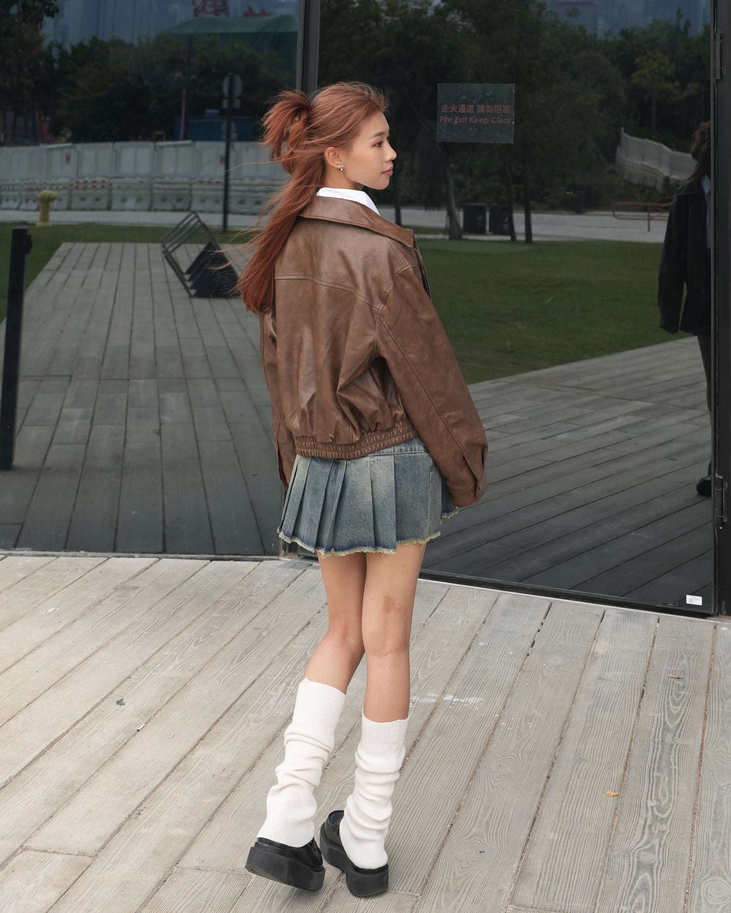 Washed faux leather bomber jacket