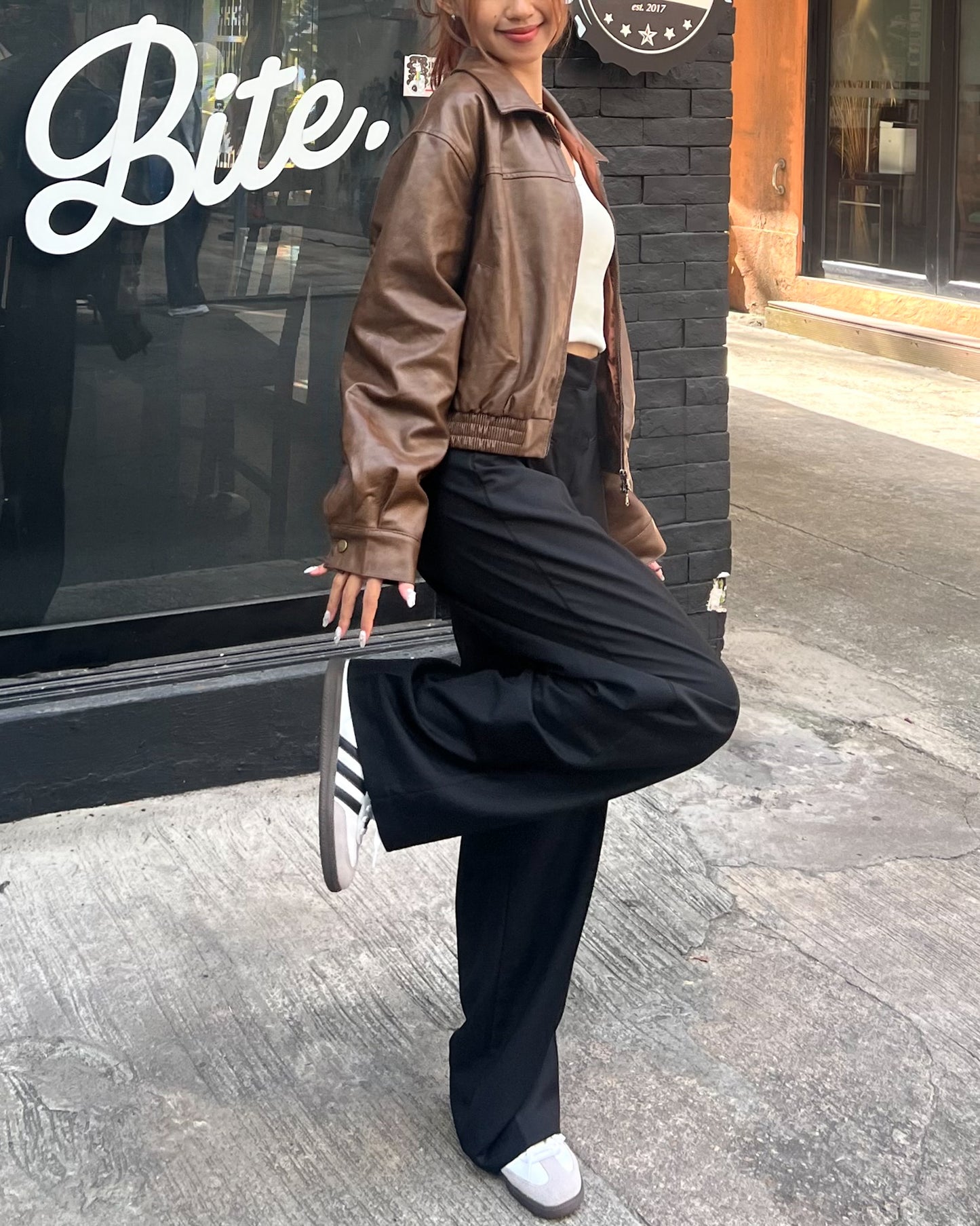 Washed faux leather bomber jacket