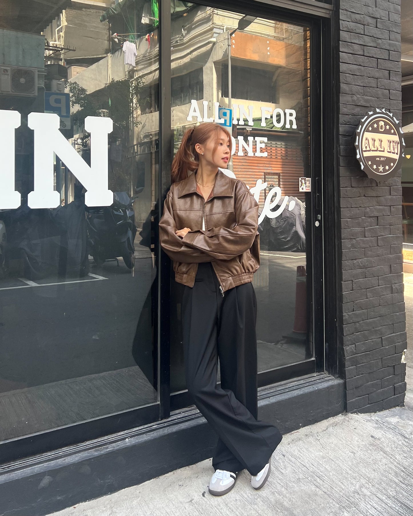 Washed faux leather bomber jacket