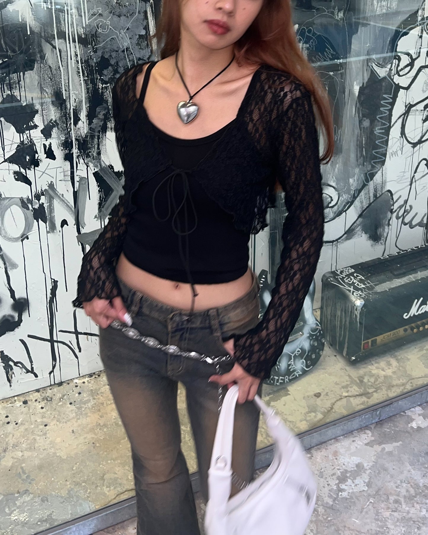 Lace tie front crop cardigan