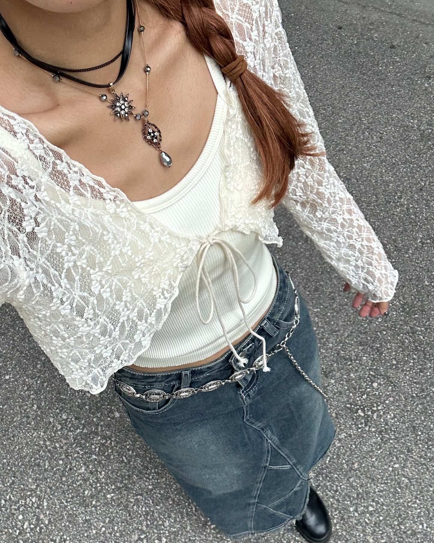 Lace tie front crop cardigan