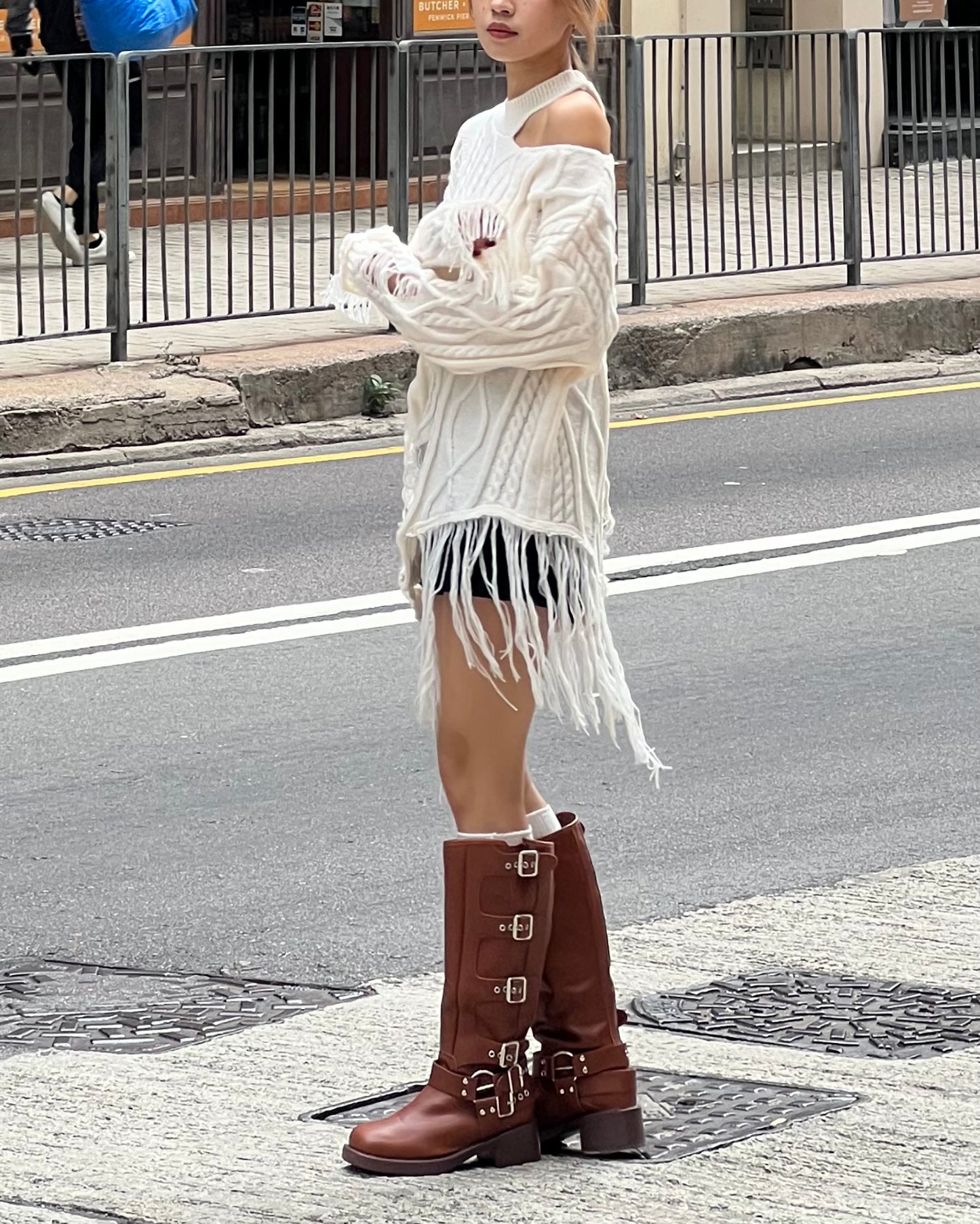 Cut out cable distressed sweater