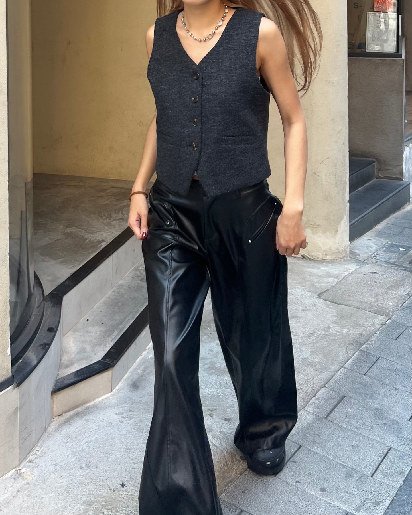 Faux leather wide leg trousers