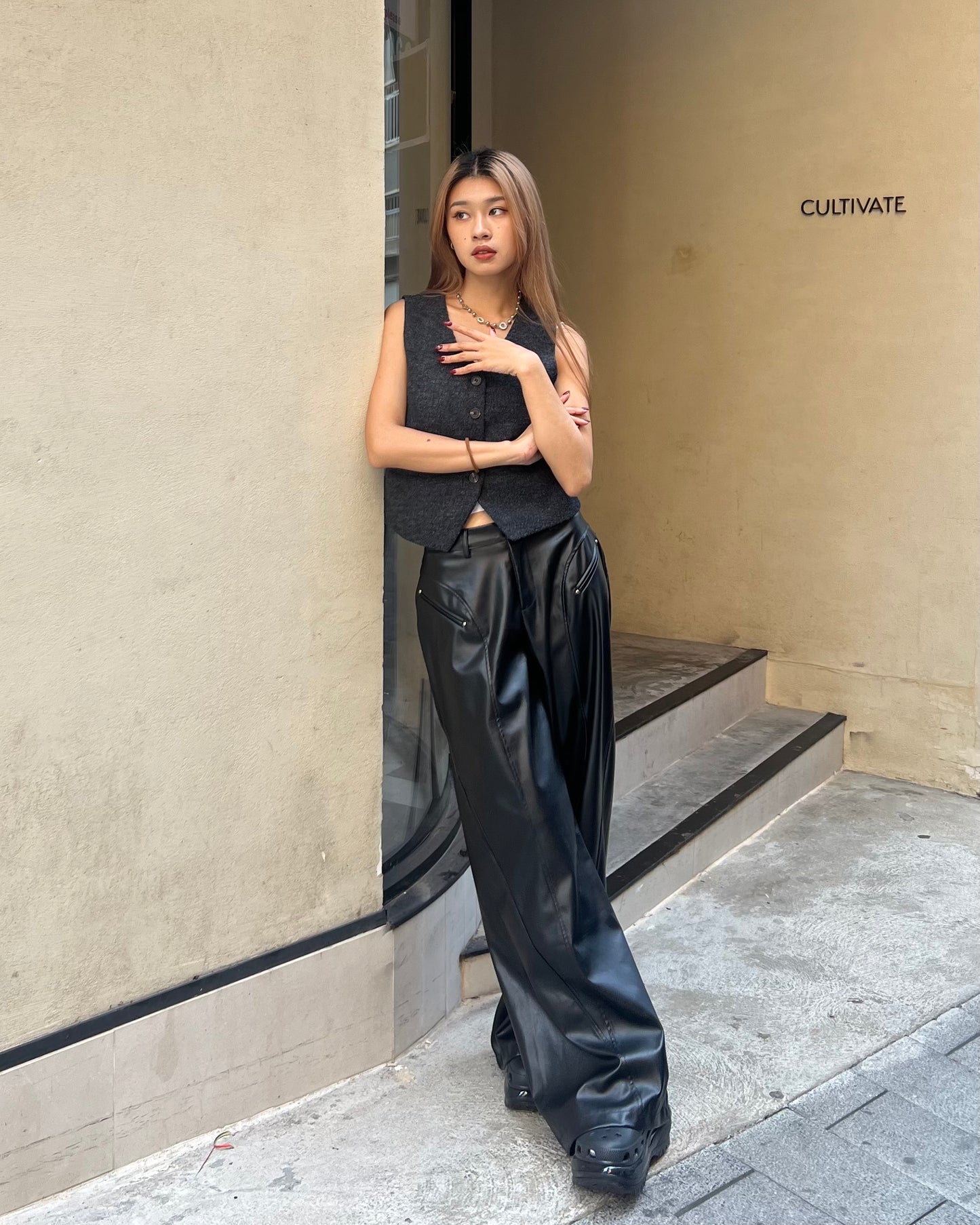 Faux leather wide leg trousers