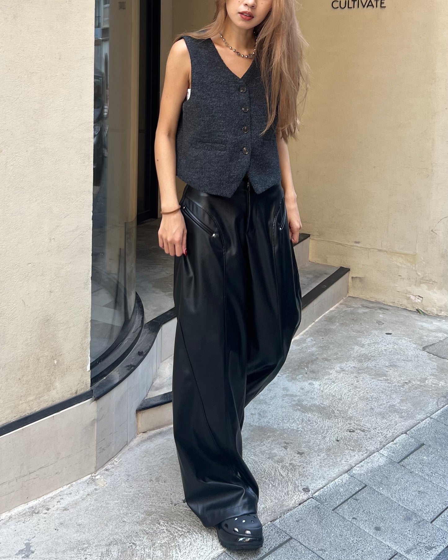 Faux leather wide leg trousers