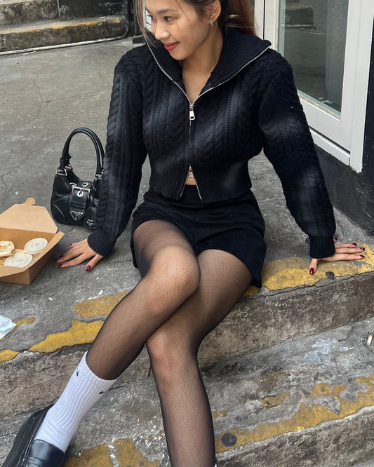 High neck cable knit zip up cardigan