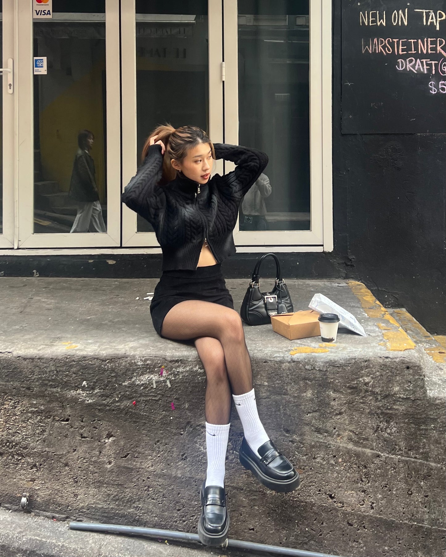 High neck cable knit zip up cardigan