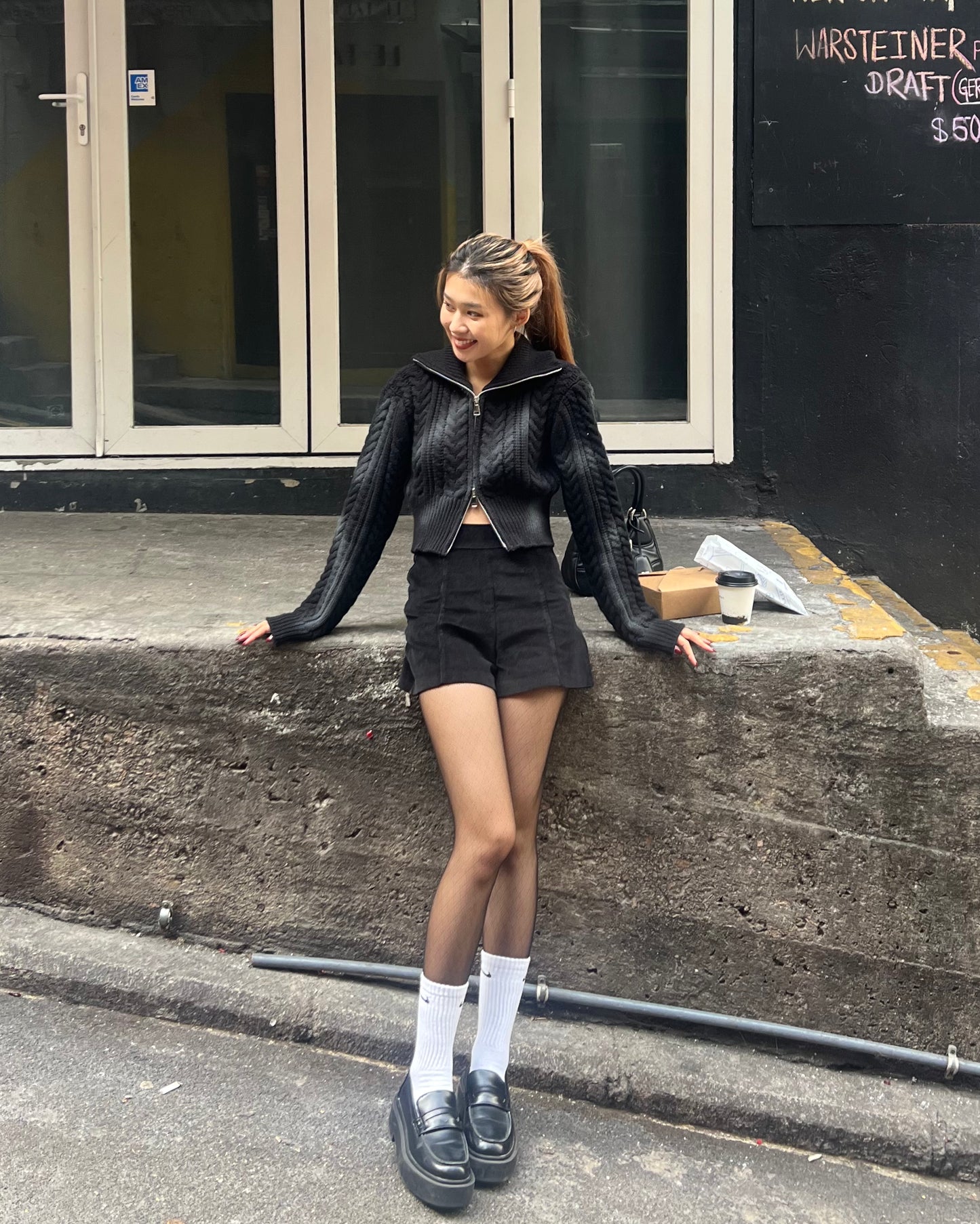 High neck cable knit zip up cardigan