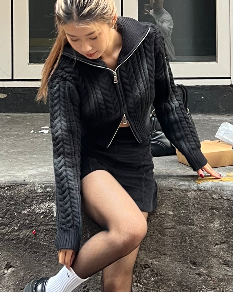 High neck cable knit zip up cardigan