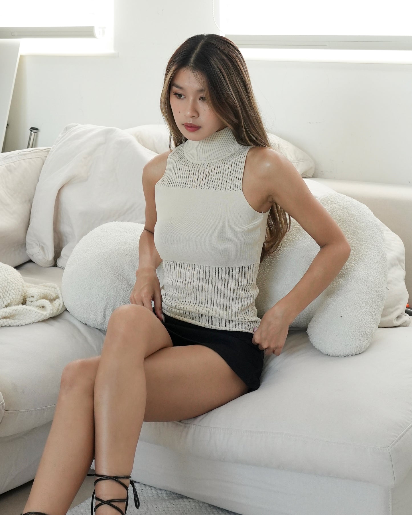 High neck mesh knit half see-thought tank top