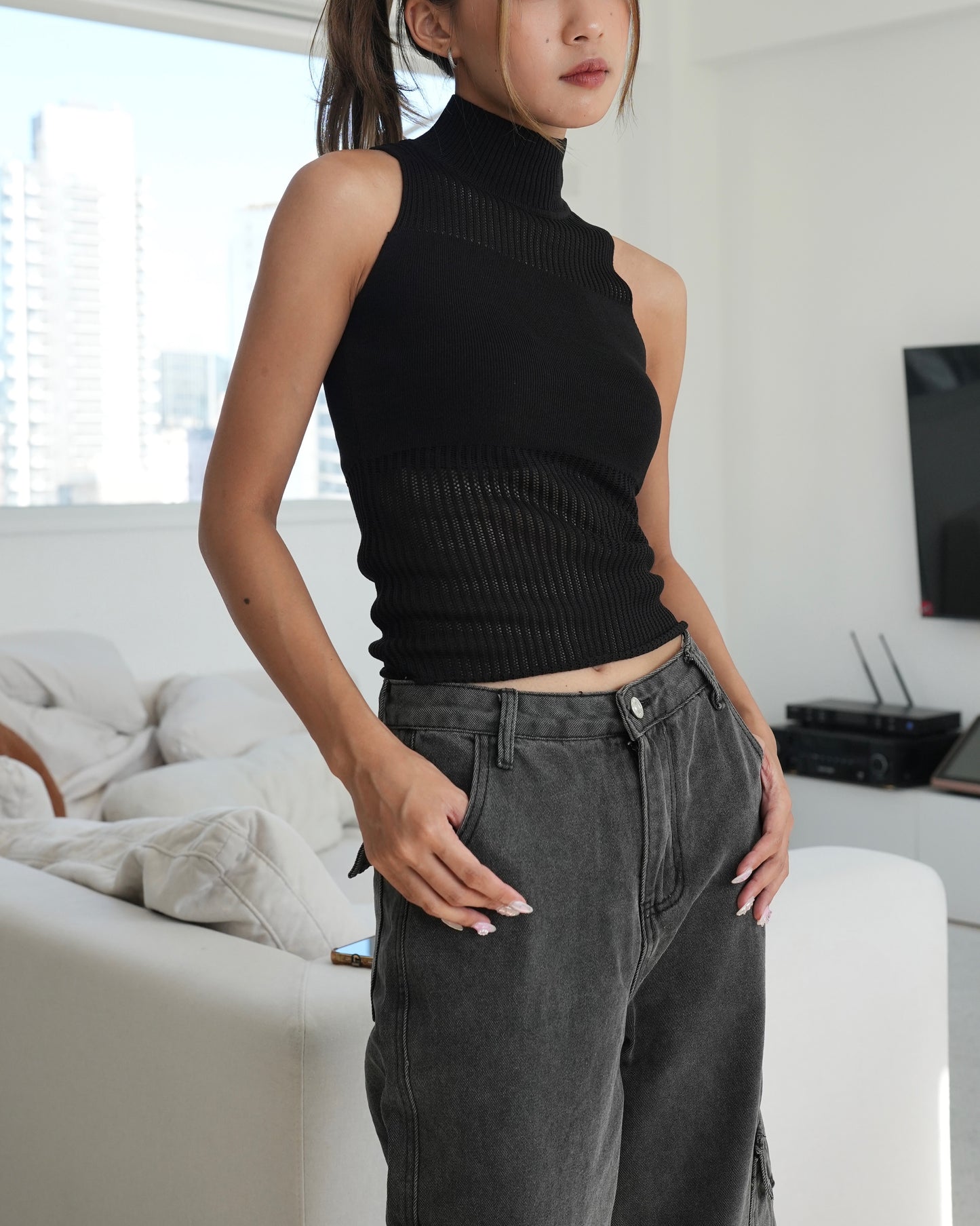 High neck mesh knit half see-thought tank top